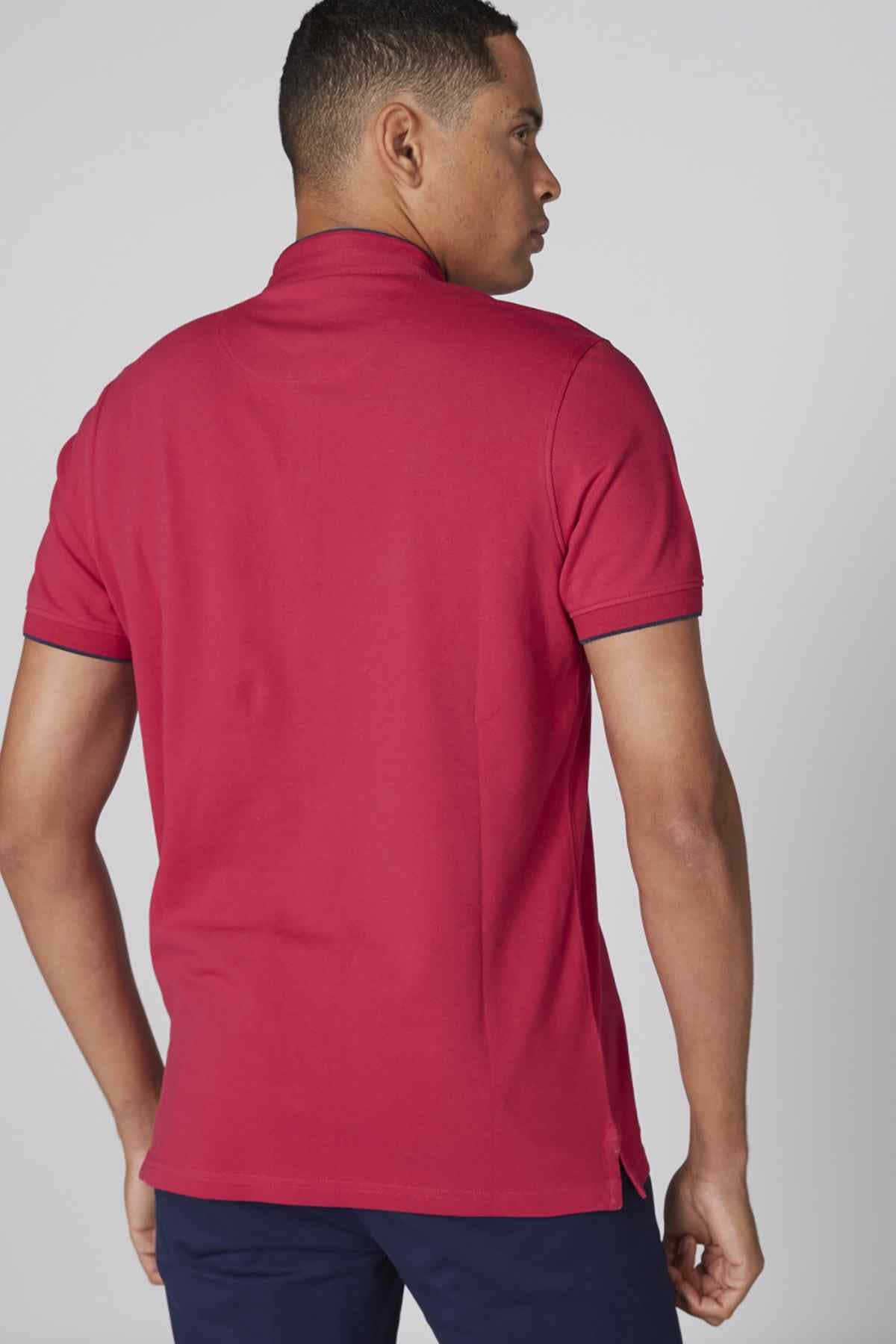 Red short-sleeve polo shirt with collar, plain back view