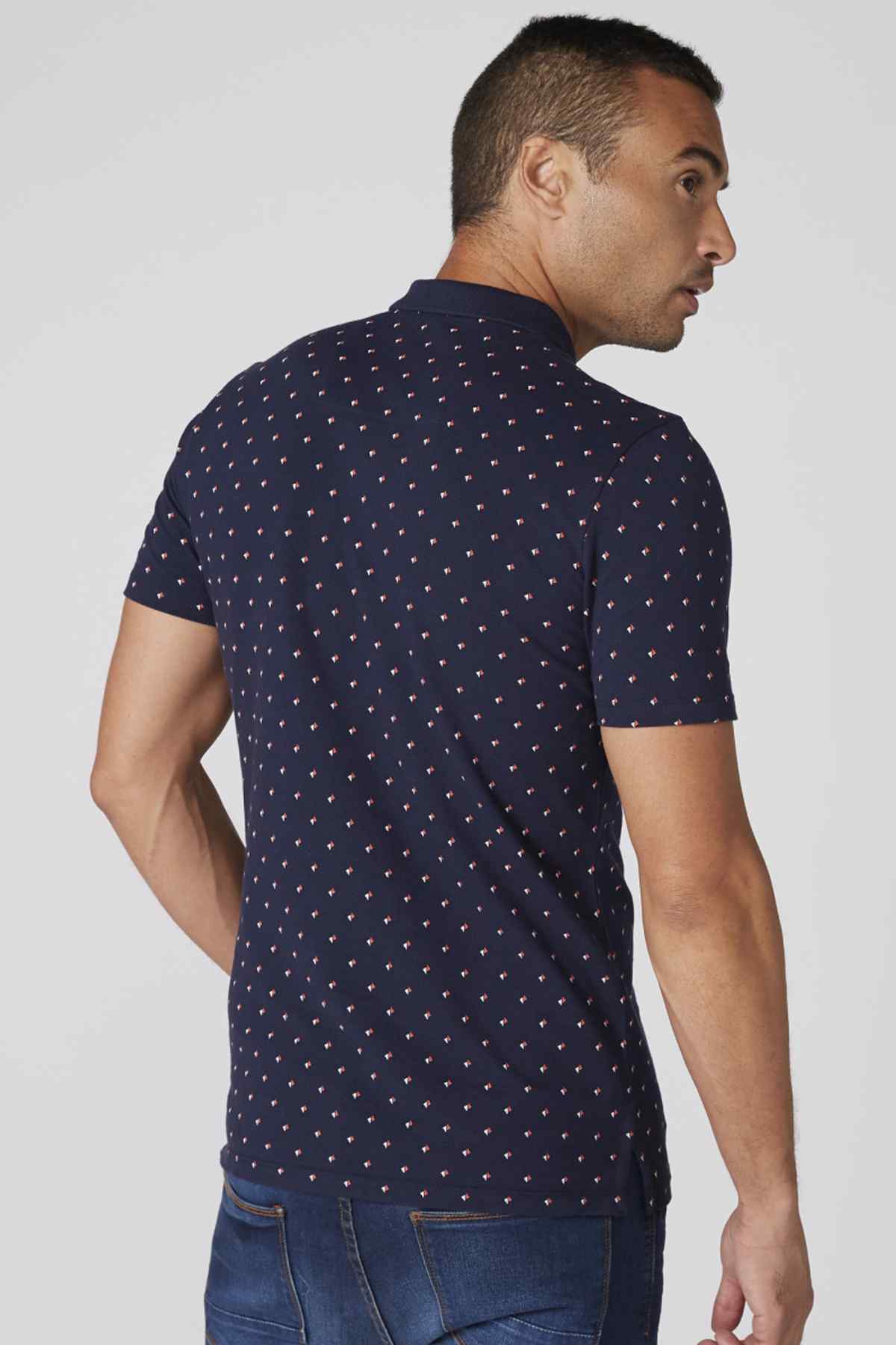 Navy speckle print polo shirt with short sleeves, back view, button collar