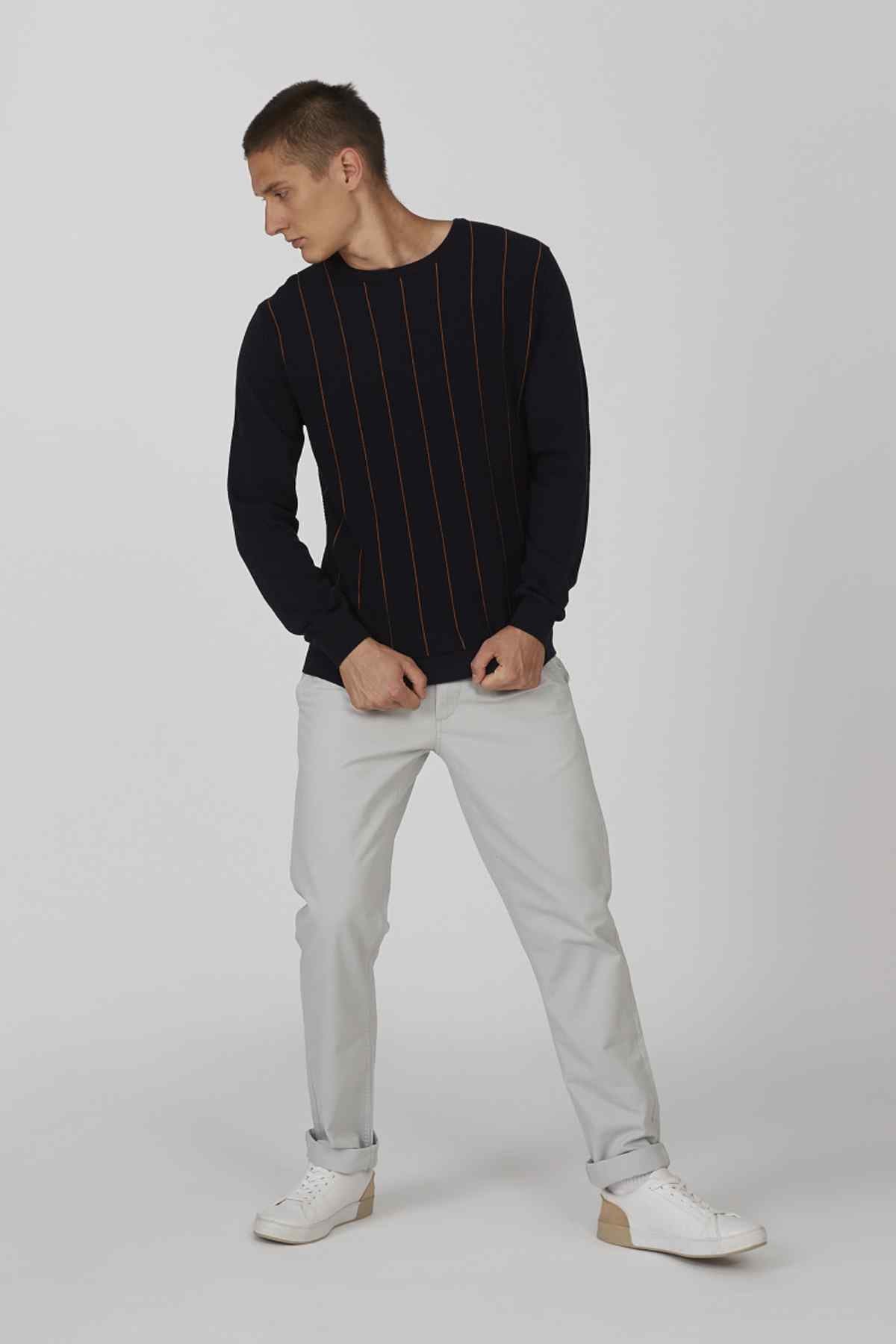 Men's navy sweater with yellow vertical stripes, crew neck, long sleeves, full body