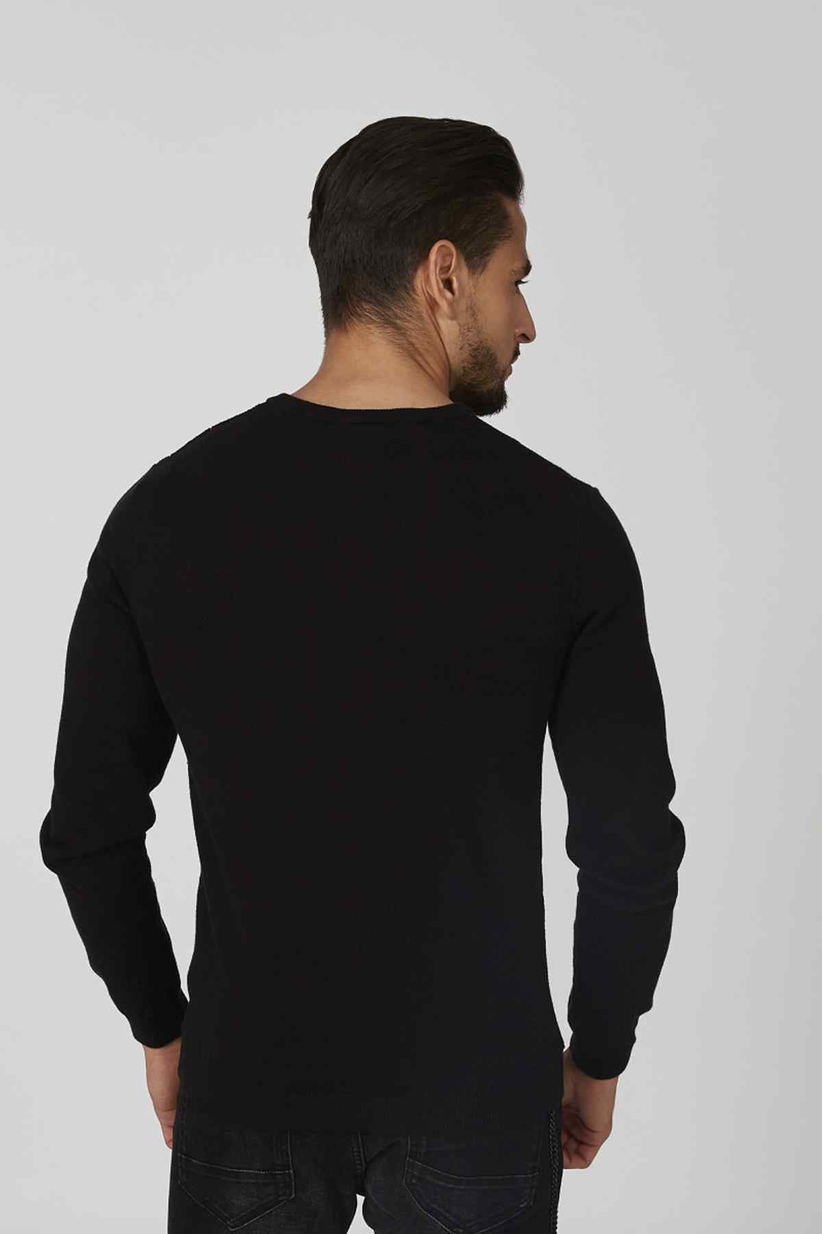 Men's black crewneck sweater, plain back view
