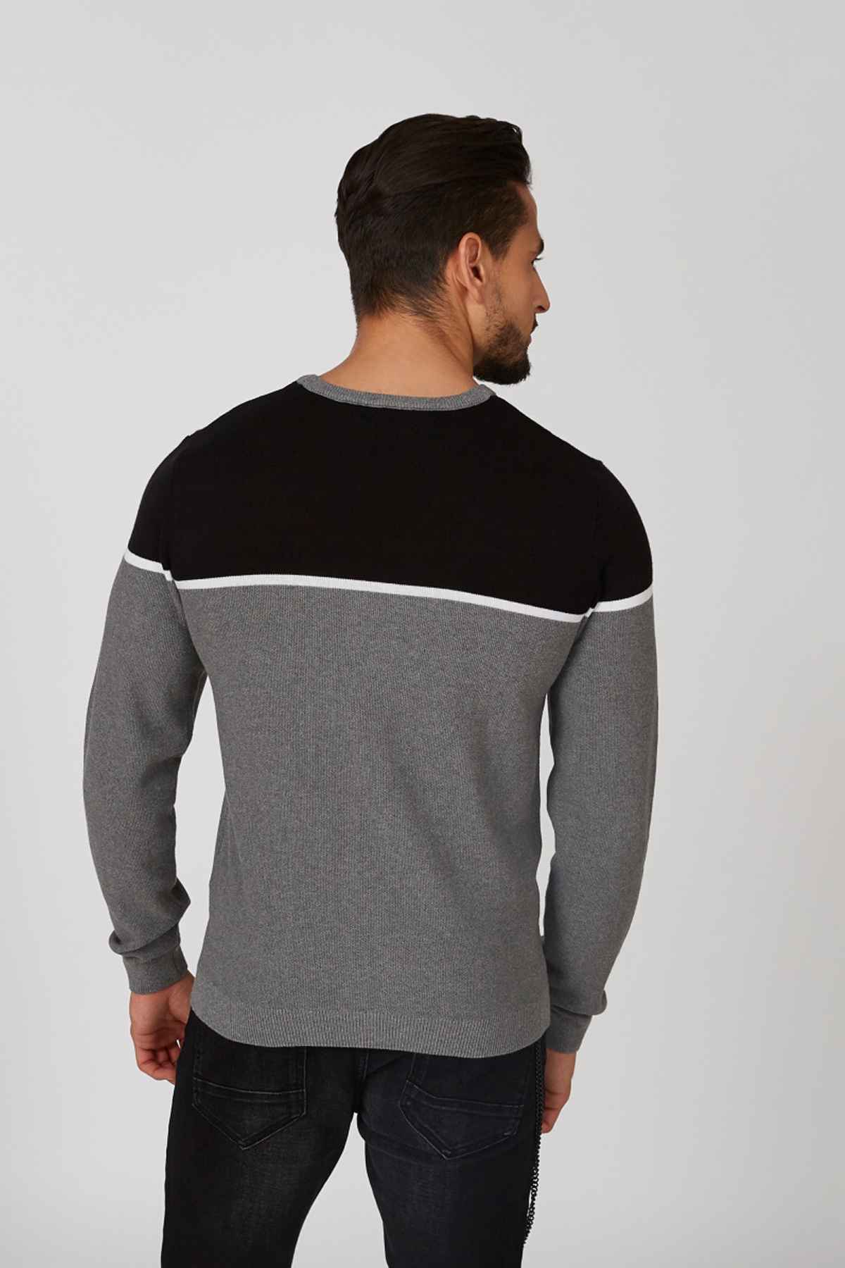 Two-tone black and grey crewneck long-sleeve sweatshirt with white stripe, back view