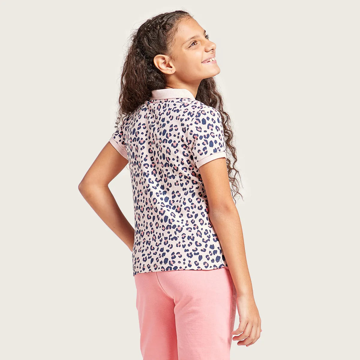 Kids leopard-print t-shirt and pink jogger pants, back view