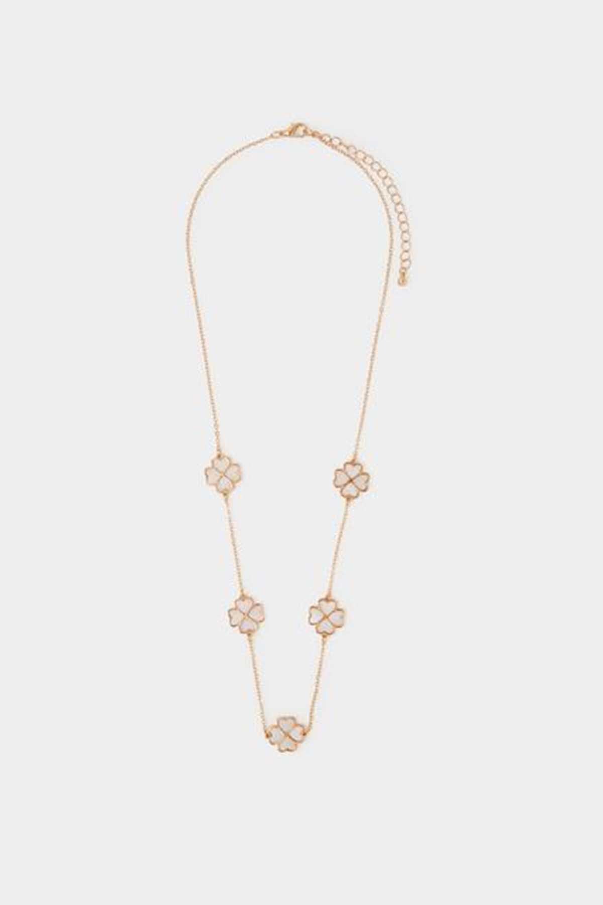 Gold-tone long necklace with small clover flower pendants and chain