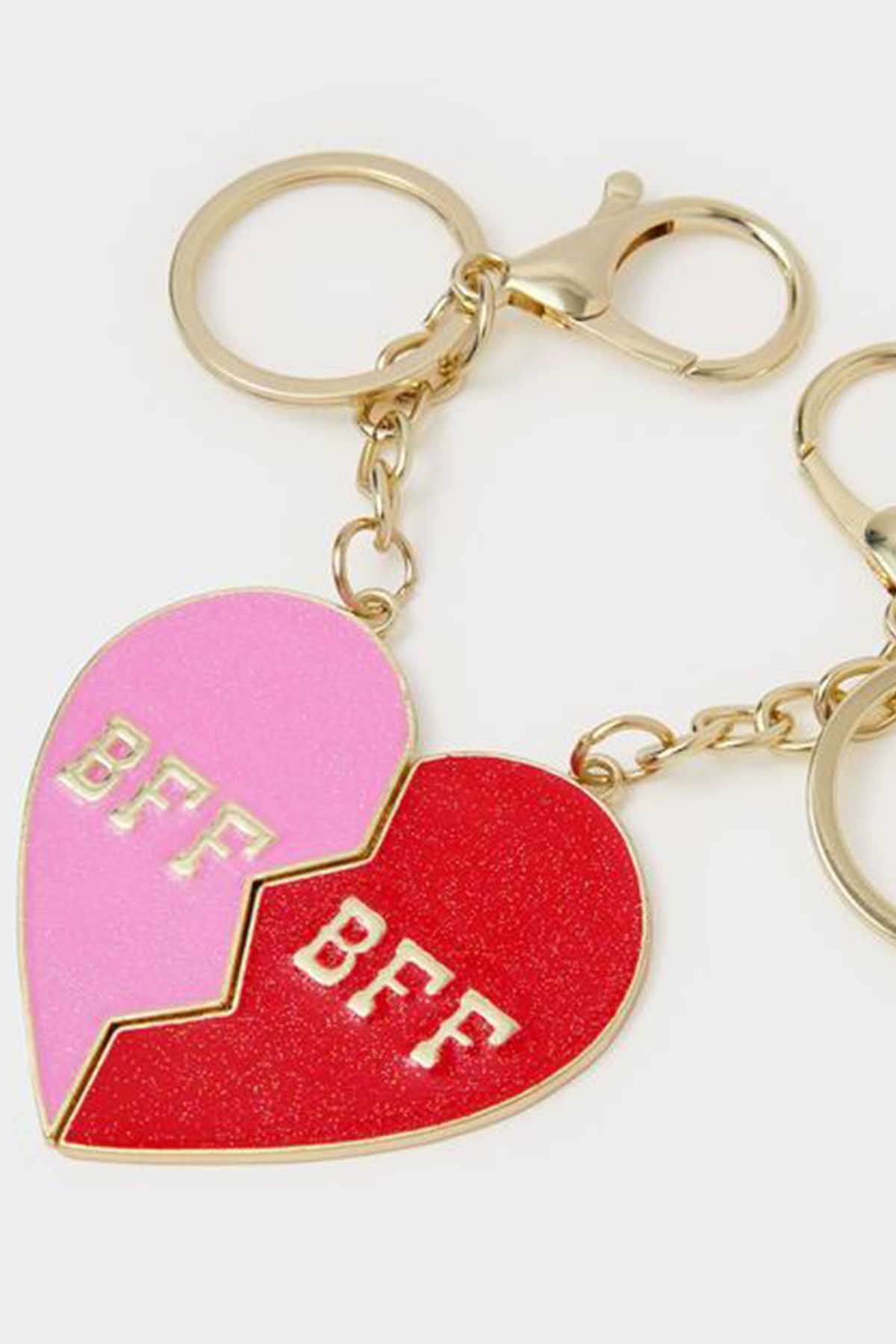 Gold chain keychain charms with BFF glitter hearts in pink and red