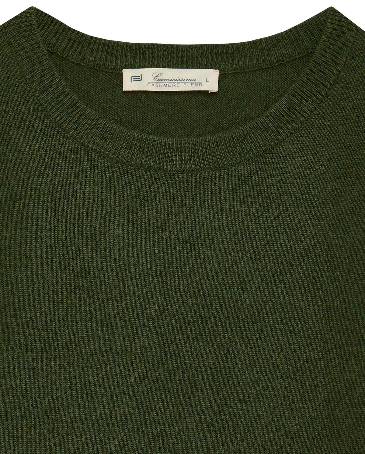 Camicissima crewneck sweater in military green with ribbed neckline tag detail