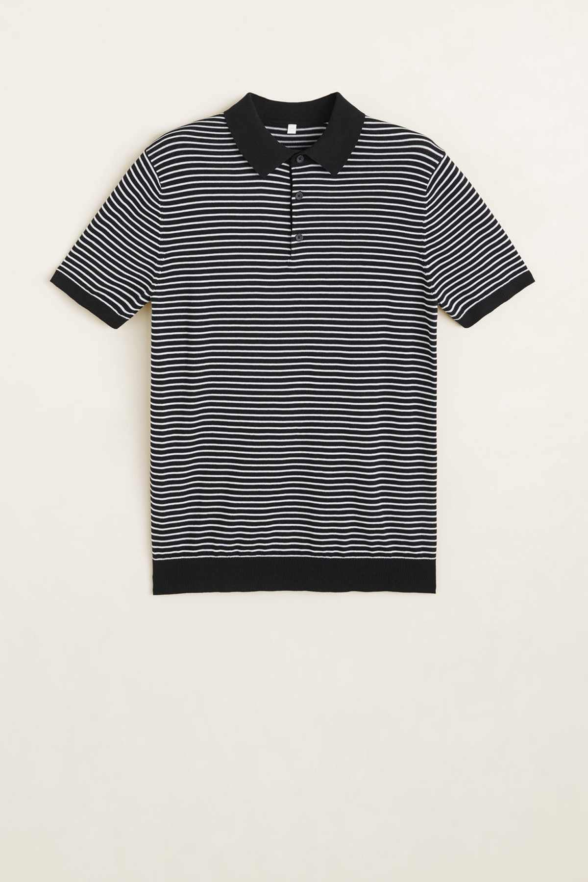 Black striped polo shirt with short sleeves and button placket