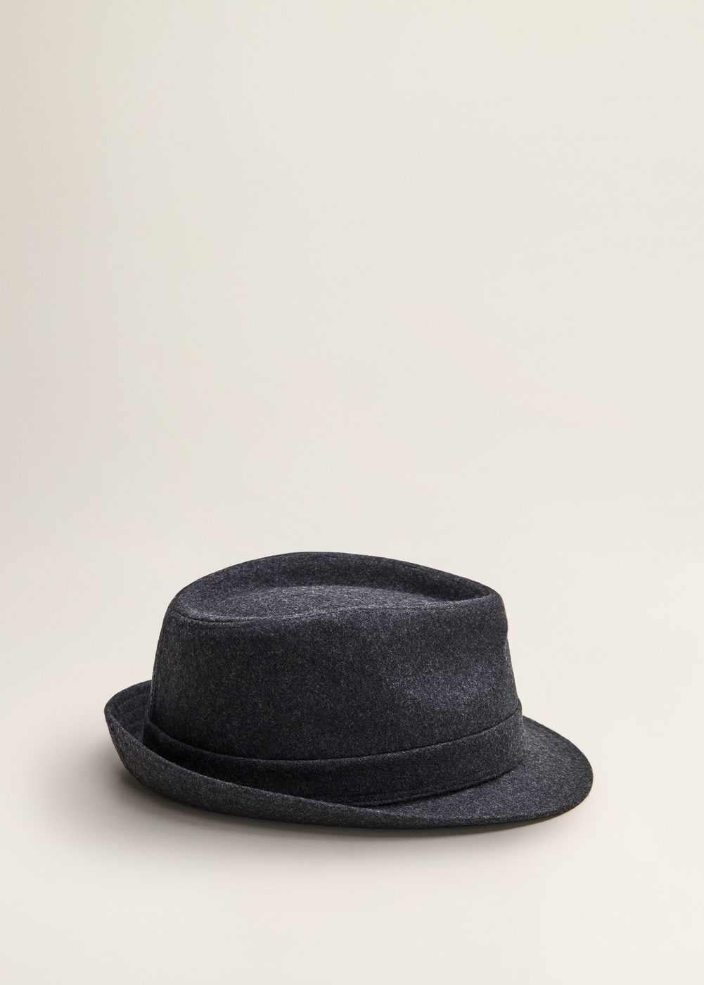 Dark grey felt fedora hat with flat top crown and short, curved brim