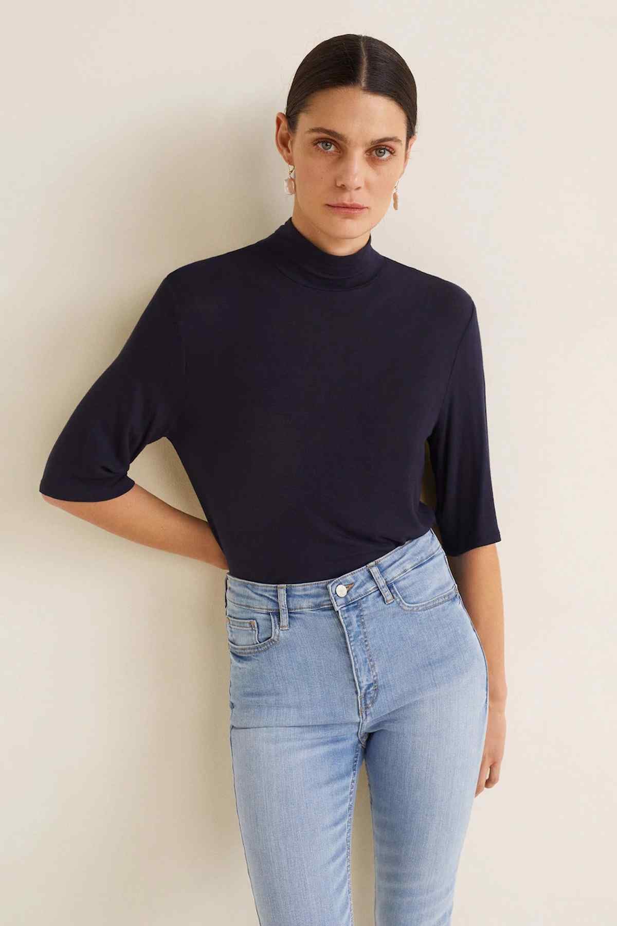 MANGO sky blue slim jeans with high-rise waistband, front pockets, and zip fly