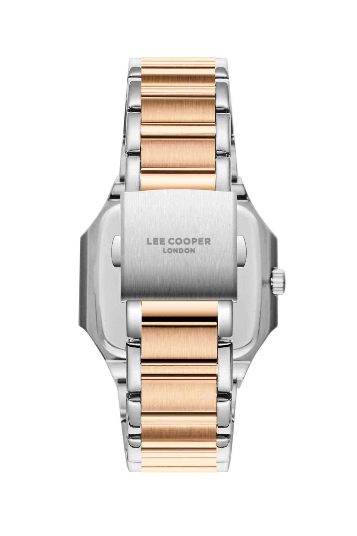 Analog watch front view with silver case, rose gold band and date window