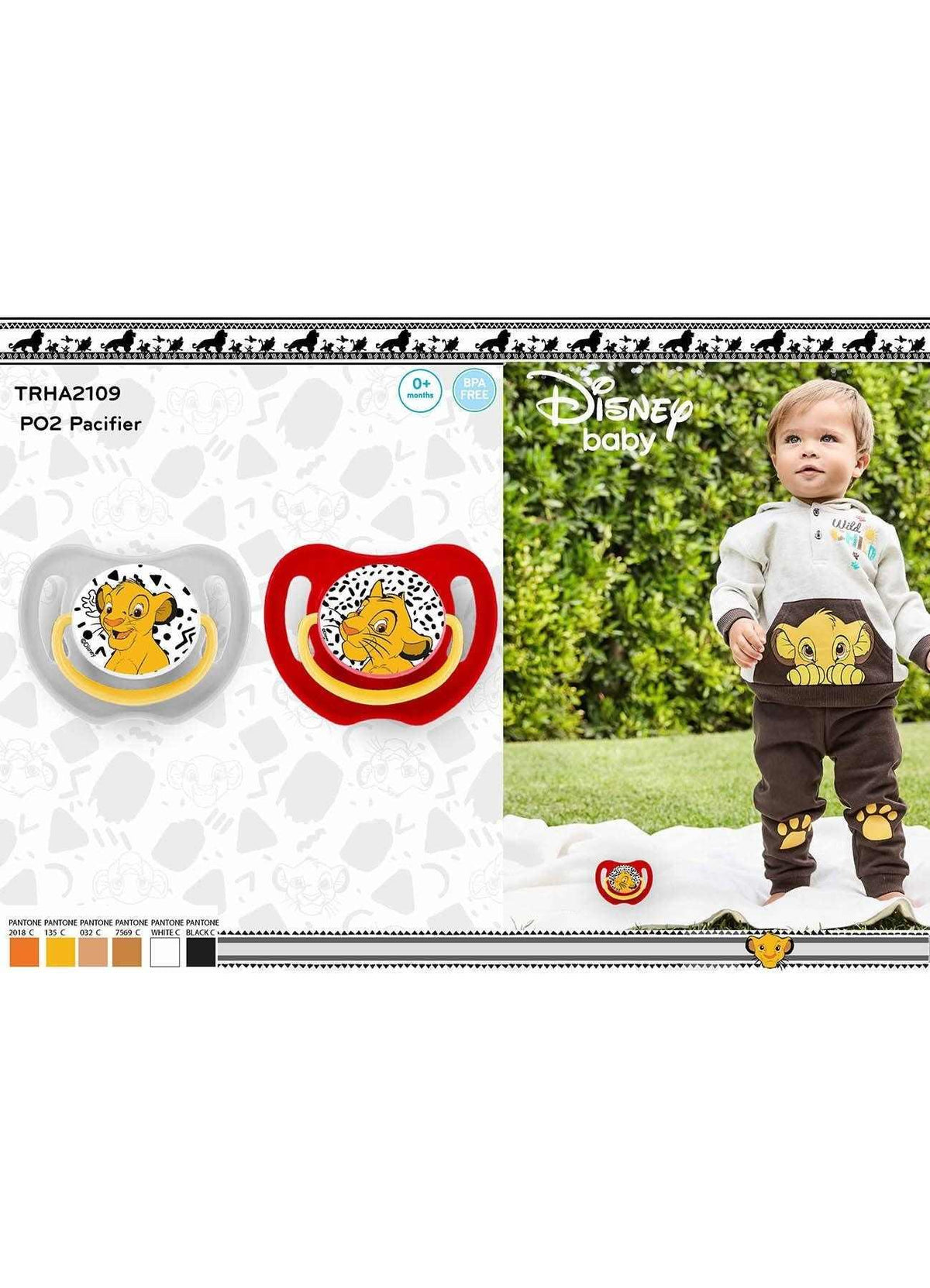 Disney baby pacifier package with two pacifiers, lion graphic, and front baby photo