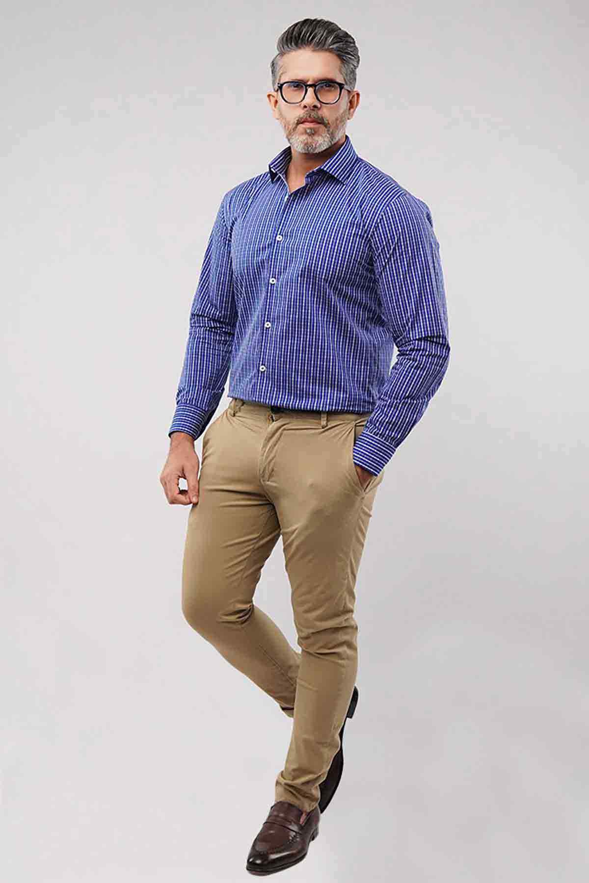Men's blue check button-up dress shirt, long sleeves, button front