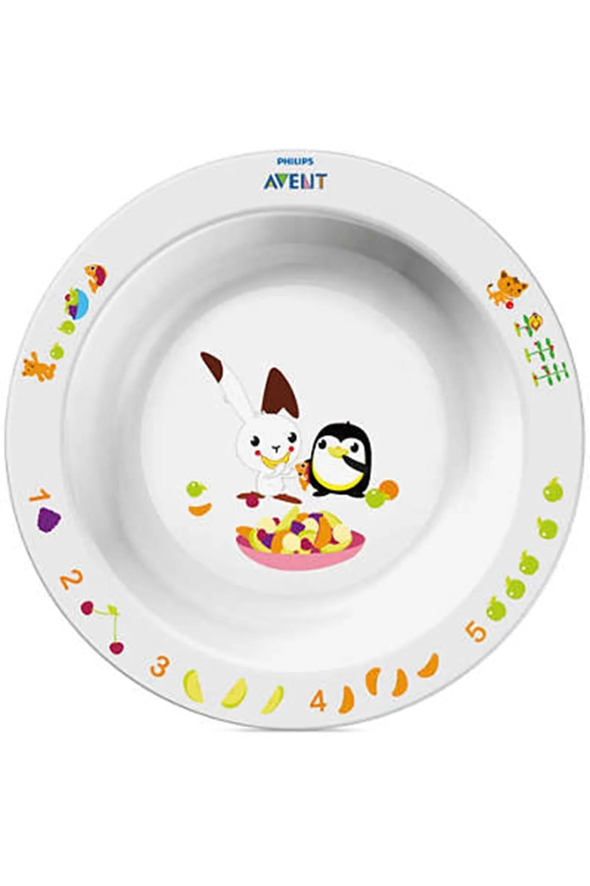 Round baby feeding plate with white base, animal faces graphic, and number border