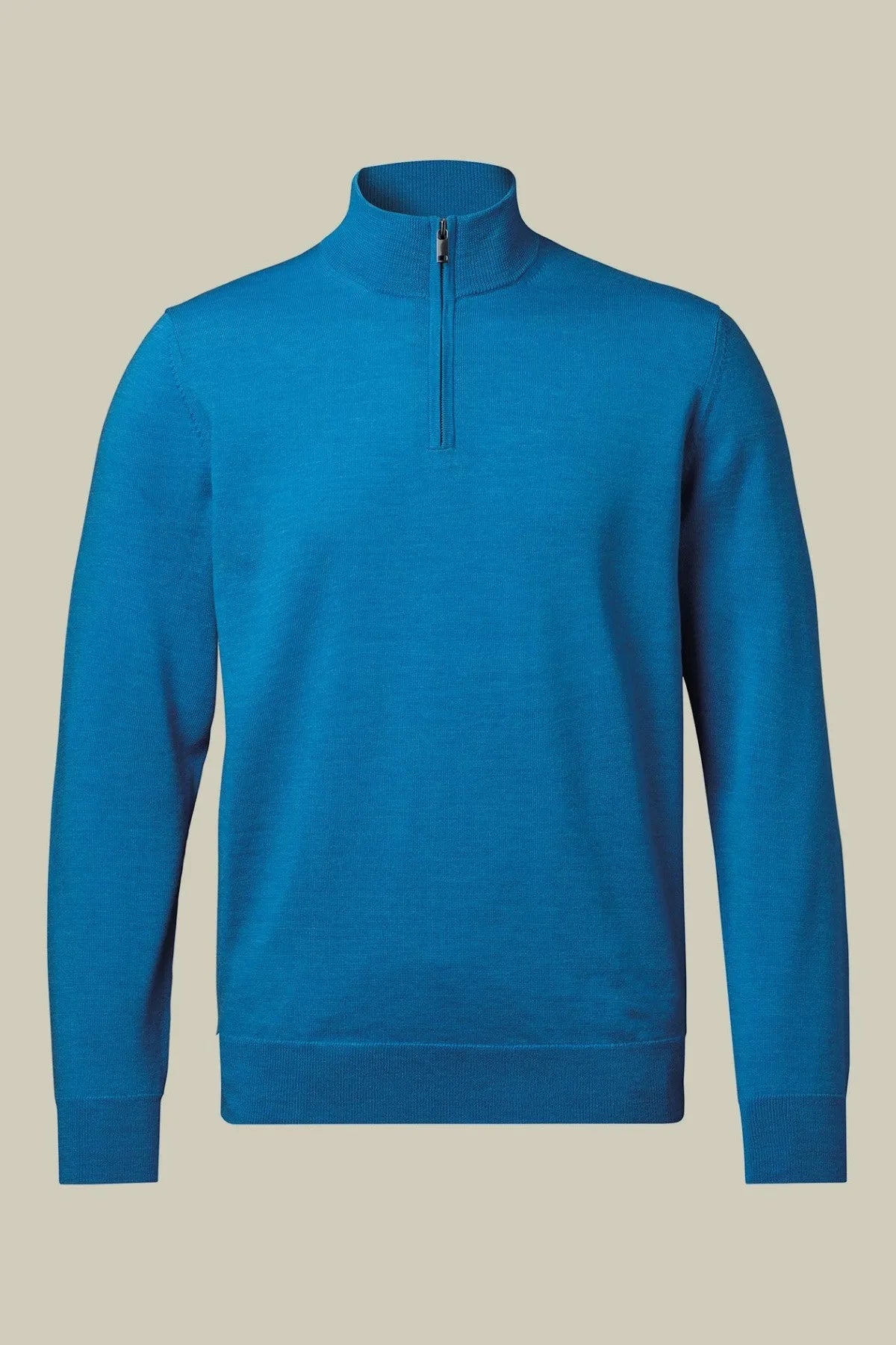 Blue knit quarter-zip sweater front view with half zip and mock neck