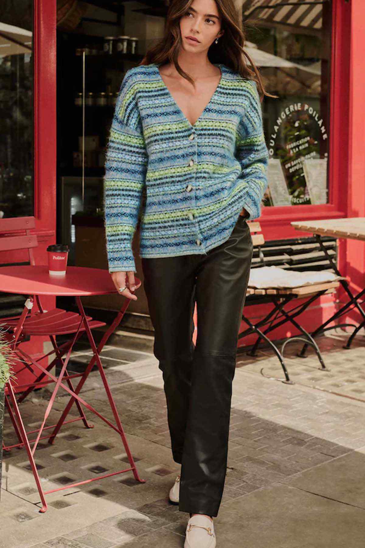 Multicolor striped V-neck knit cardigan sweater with long sleeves and button front