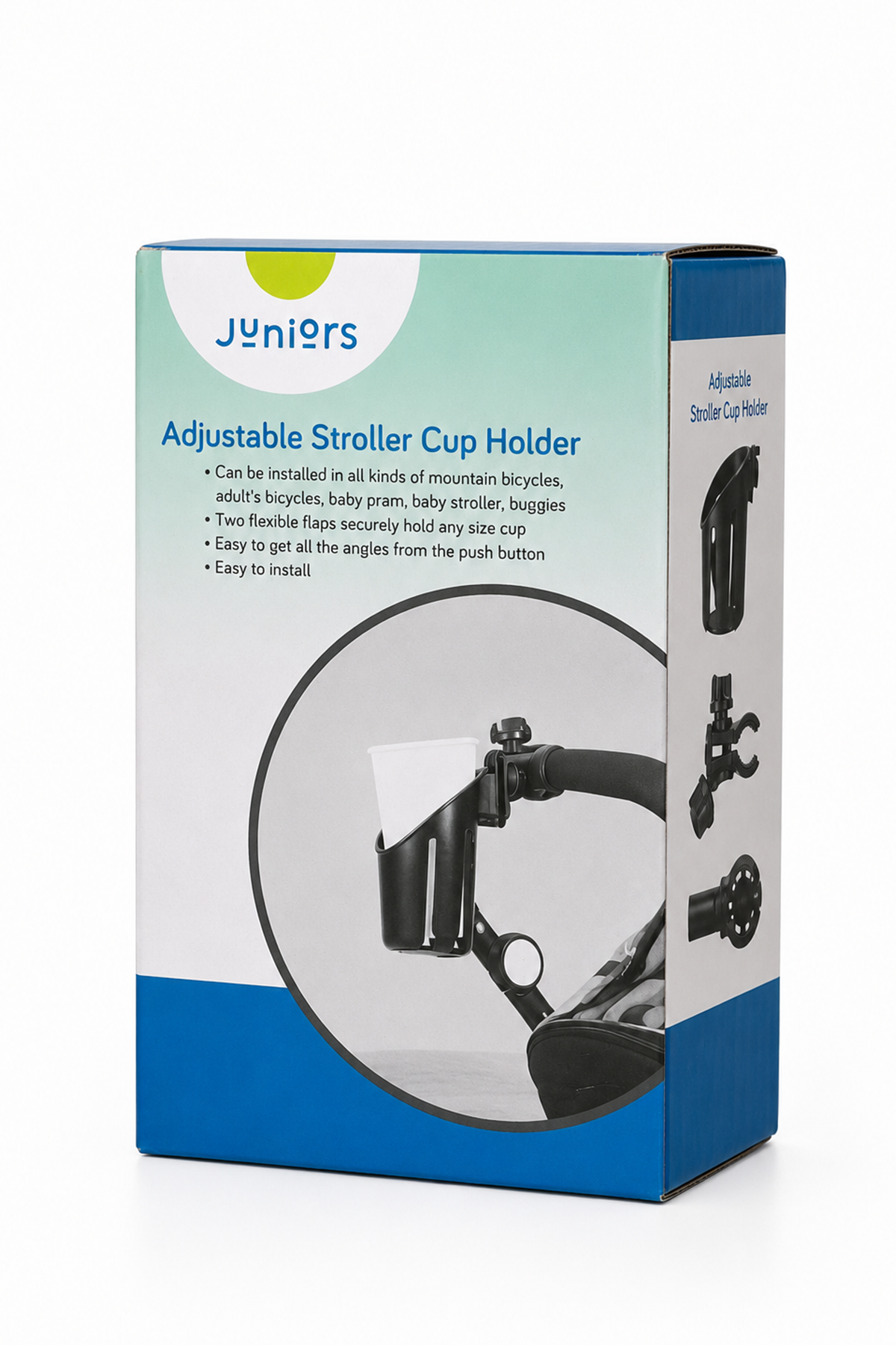 Juniores adjustable stroller cup holder retail box, black cup holder shown.