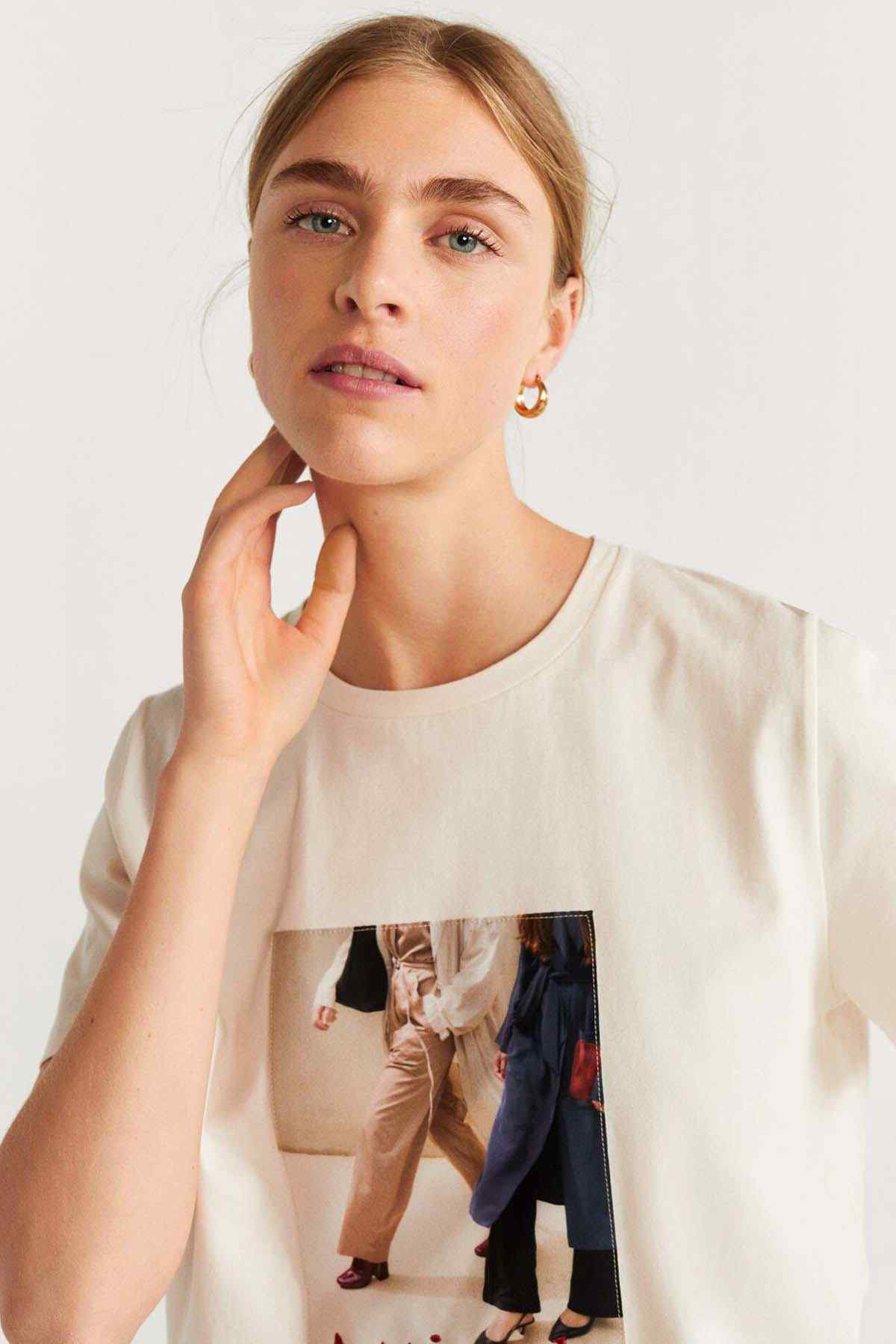 MANGO ecru graphic T-shirt with framed photo print on front
