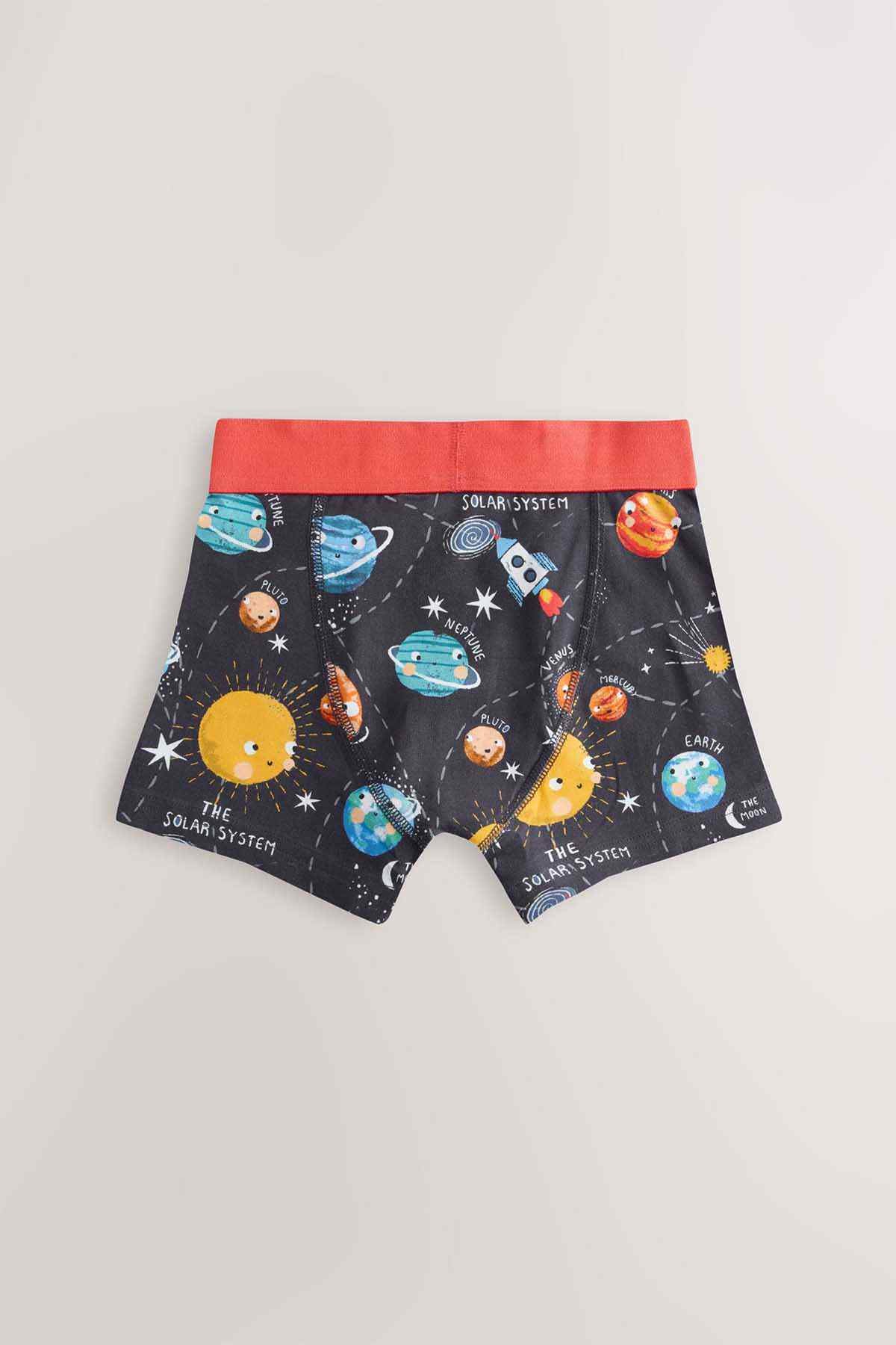 Space-print boys' boxer briefs, black with red waistband and colorful planet graphics