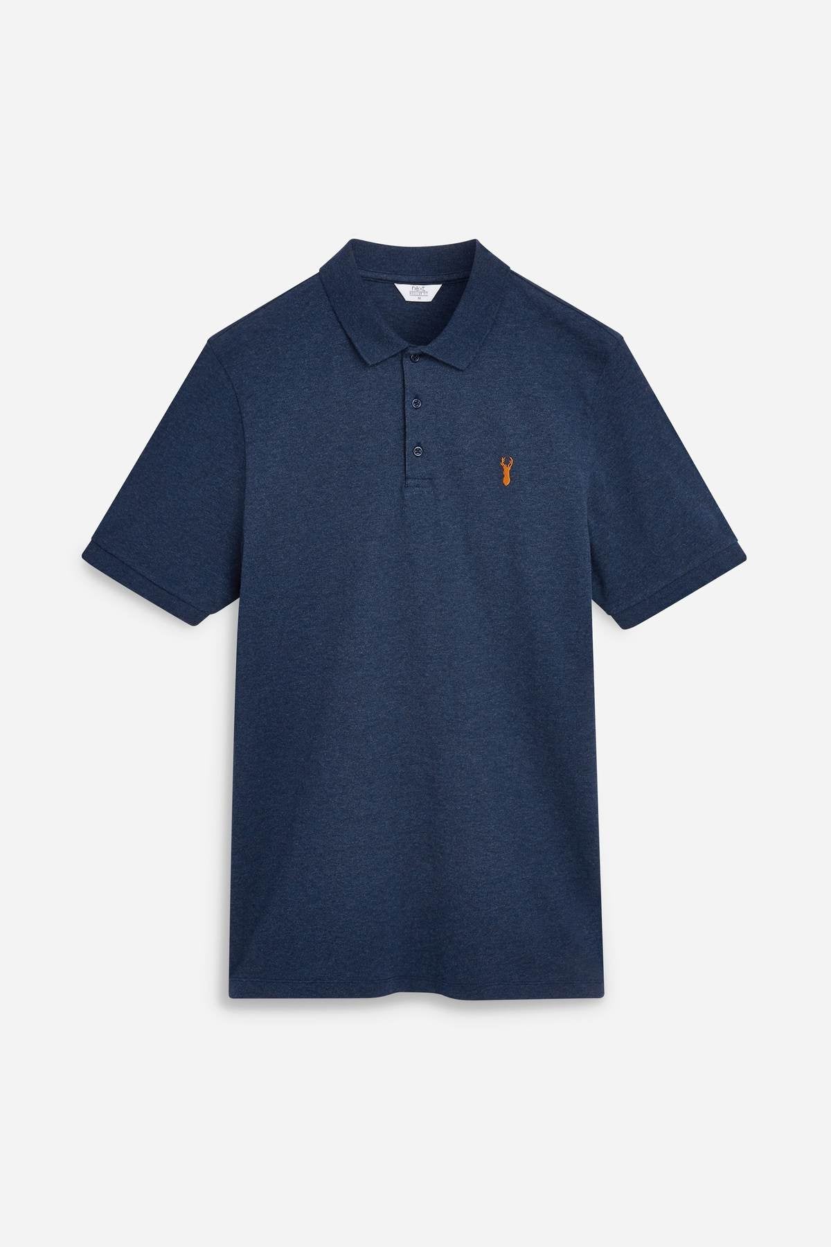 Navy marl short-sleeve polo shirt with collar, button placket, and chest logo