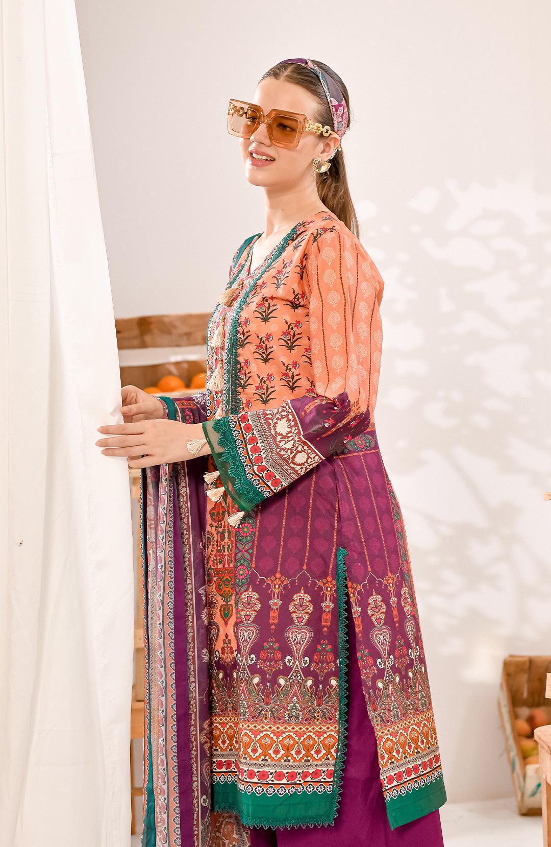 Multicolor long kurta with sheer sleeves, teal border, and dark purple hem