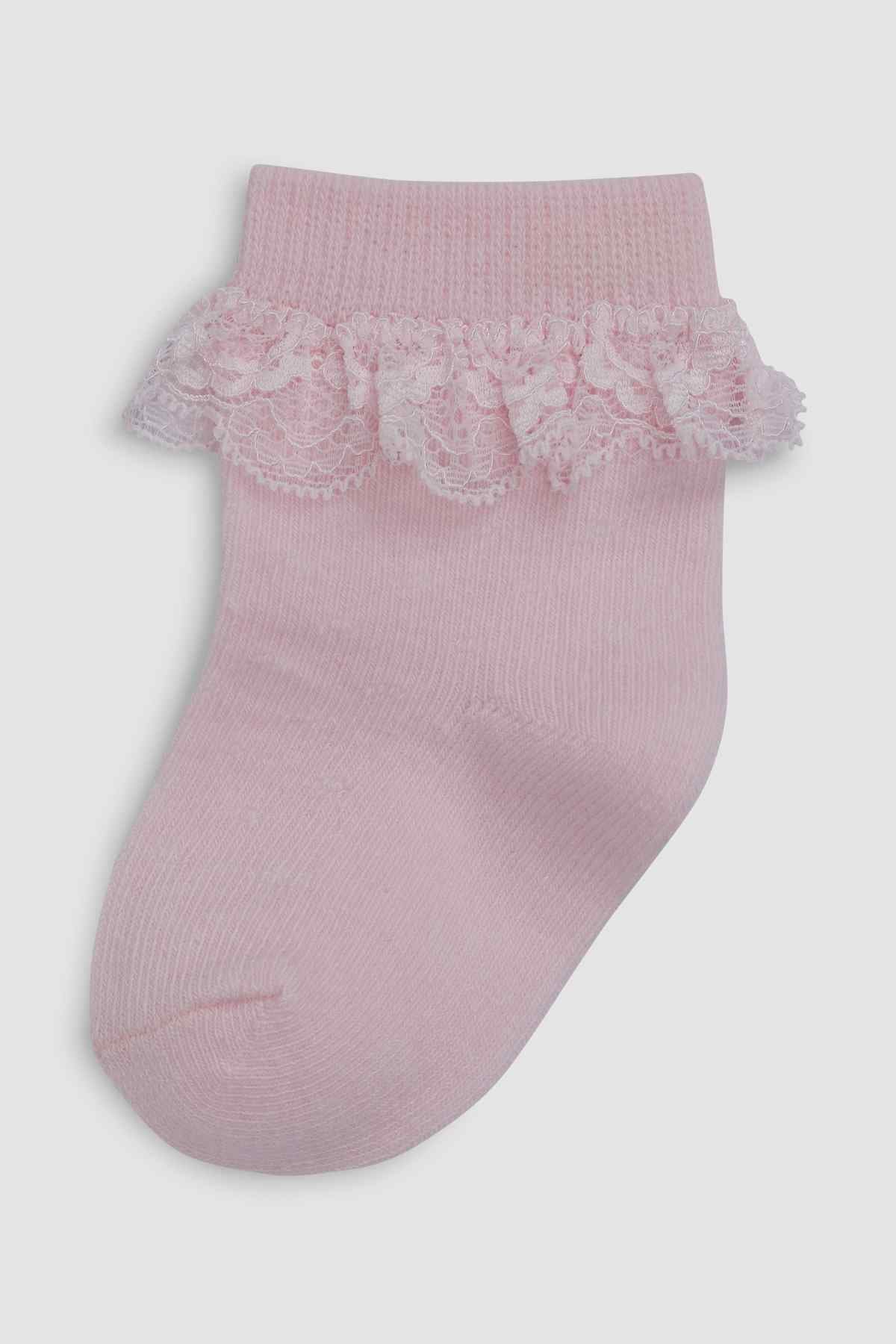 Pink kids sock with scalloped lace ruffle cuff and ribbed knit