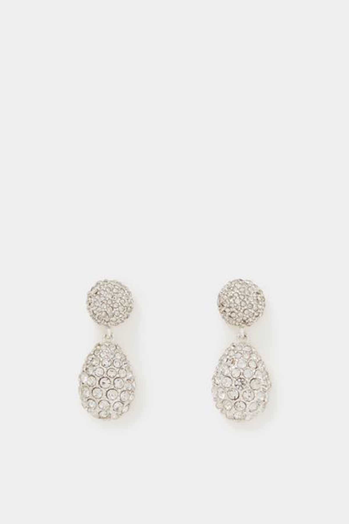 Silver-tone rhinestone drop earrings, two-tier round-and-teardrop dangle pair