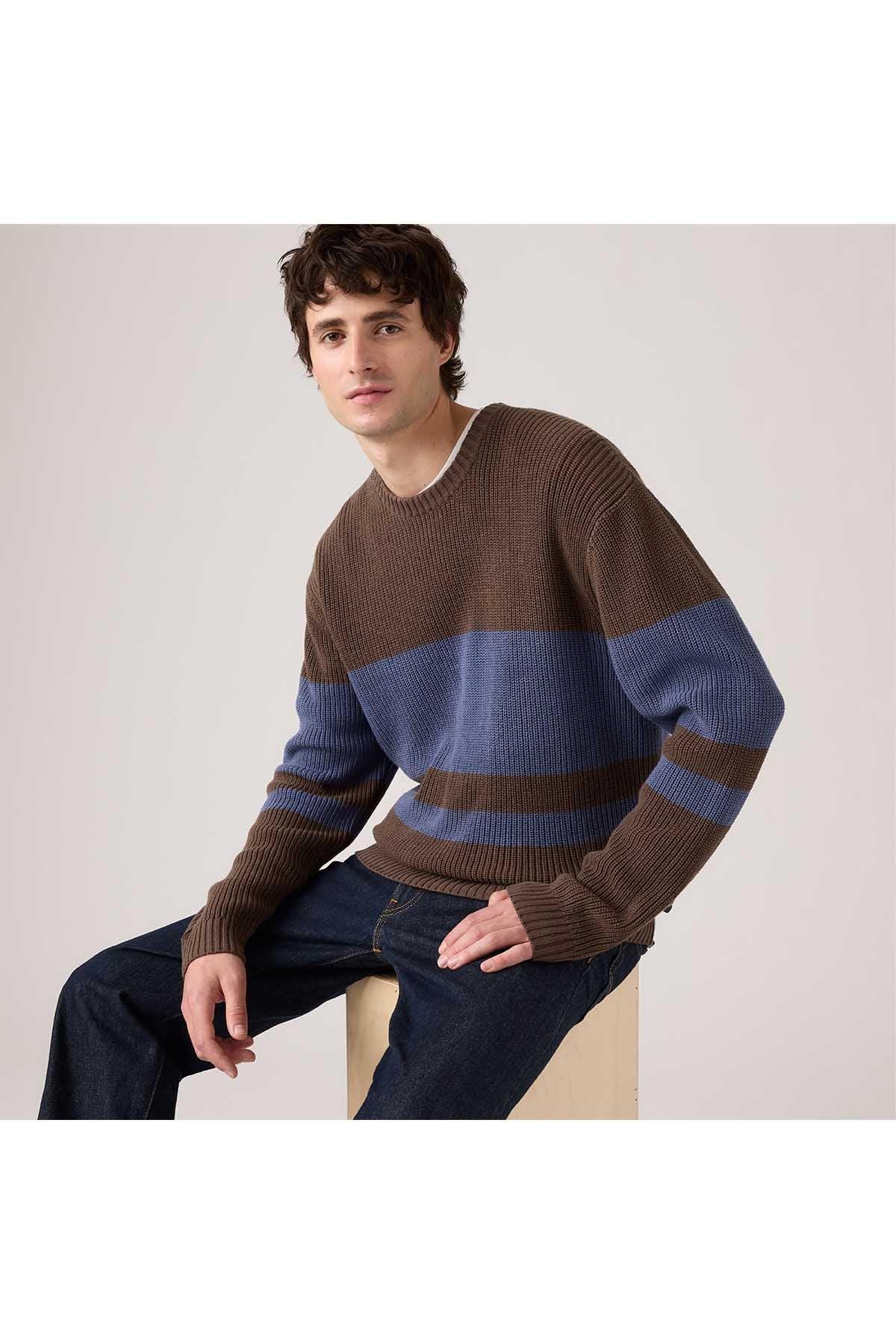 Mens color-block crewneck sweater in brown and blue with horizontal stripe pattern