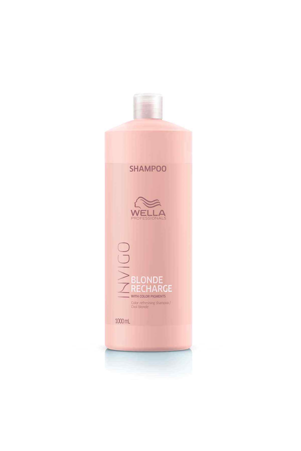 Wella V-Igo blonde recharge shampoo bottle, pink plastic with pump cap