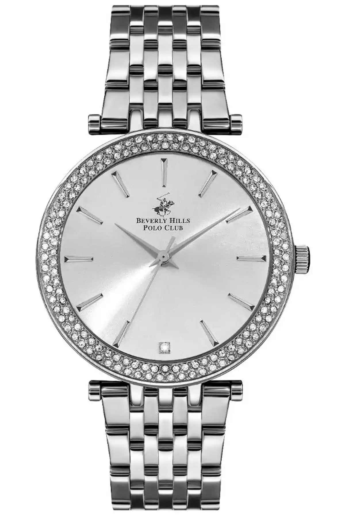 Steel wristwatch with crystal bezel and silver dial
