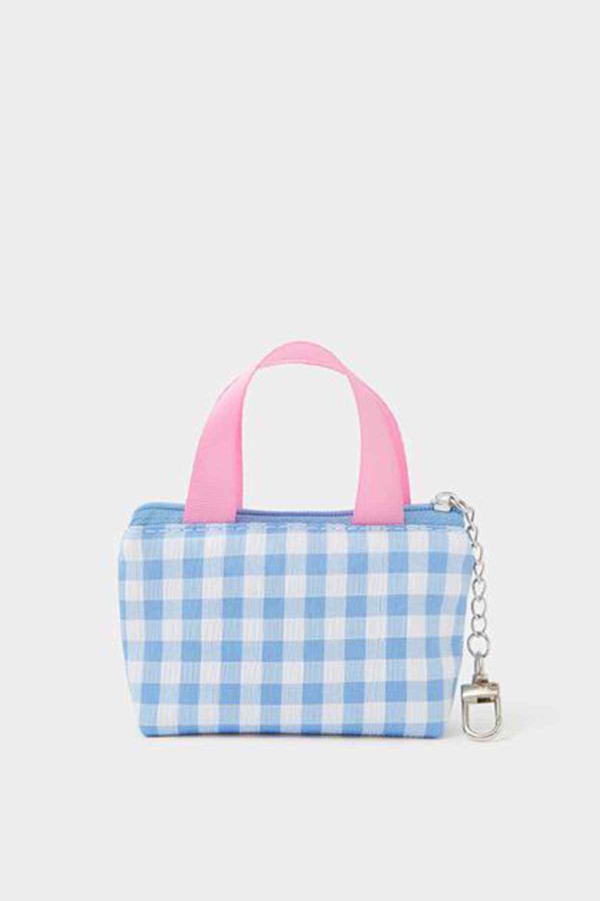 Mini tote bag, blue gingham with pink handles and silver chain shoulder strap