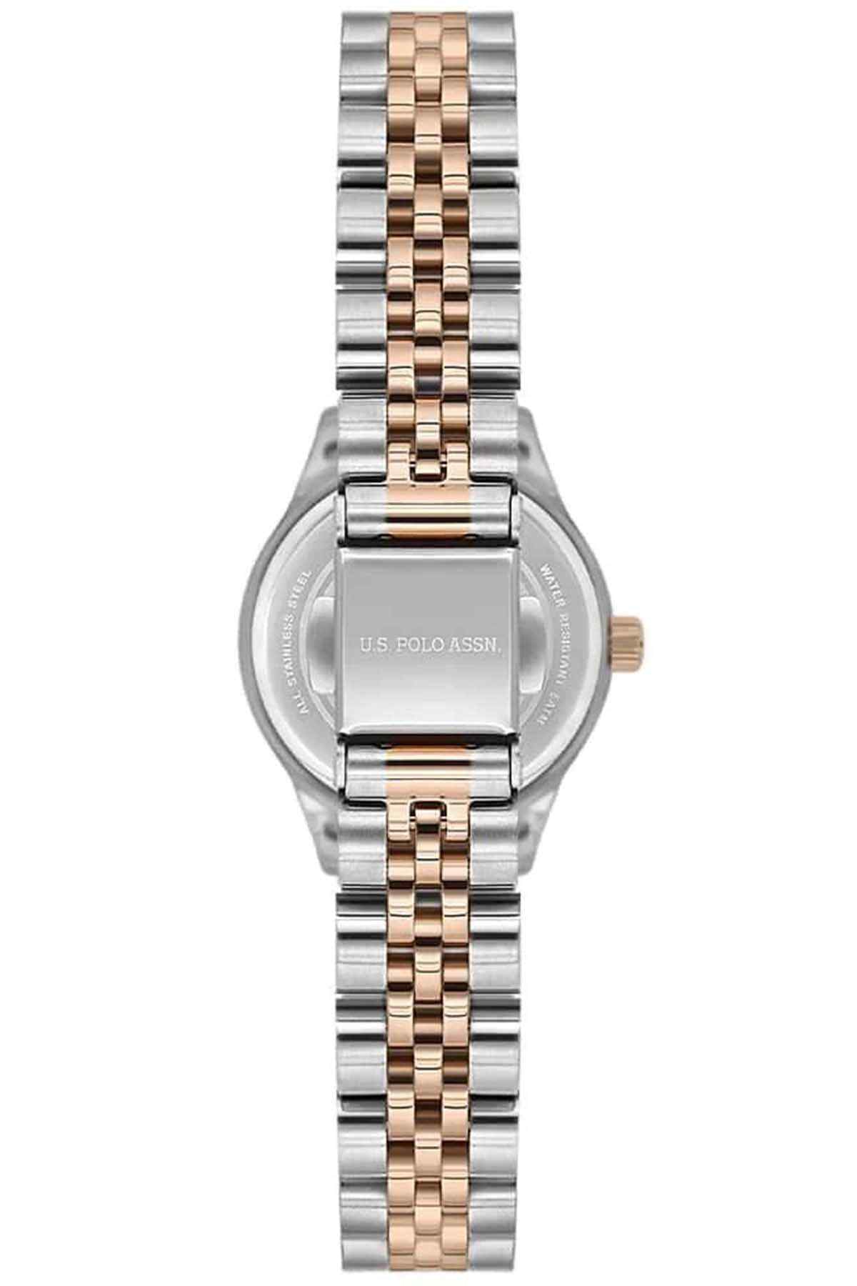 Two-tone wristwatch with engraved case and rose-gold accents, silver metal link band
