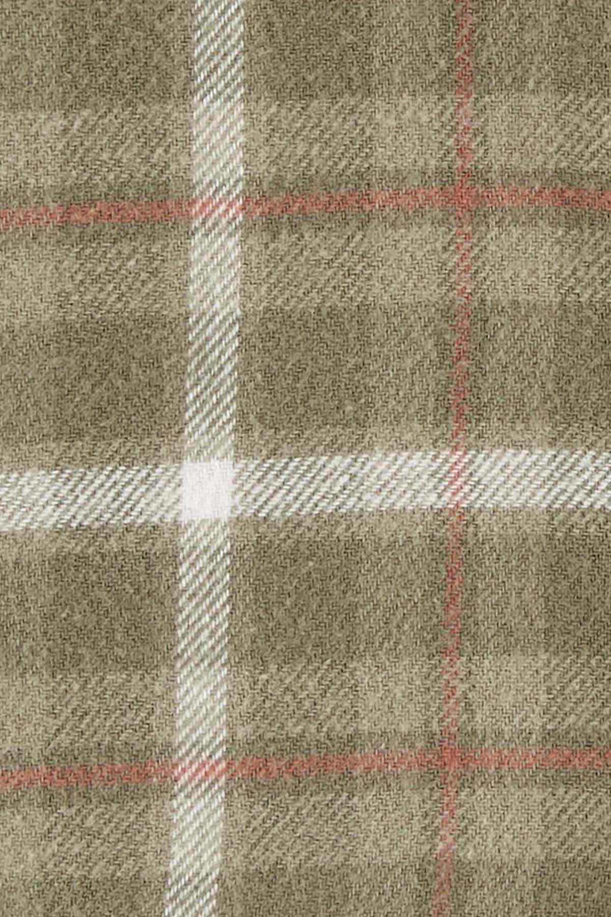 Olive plaid fabric close-up with white and rust grid lines