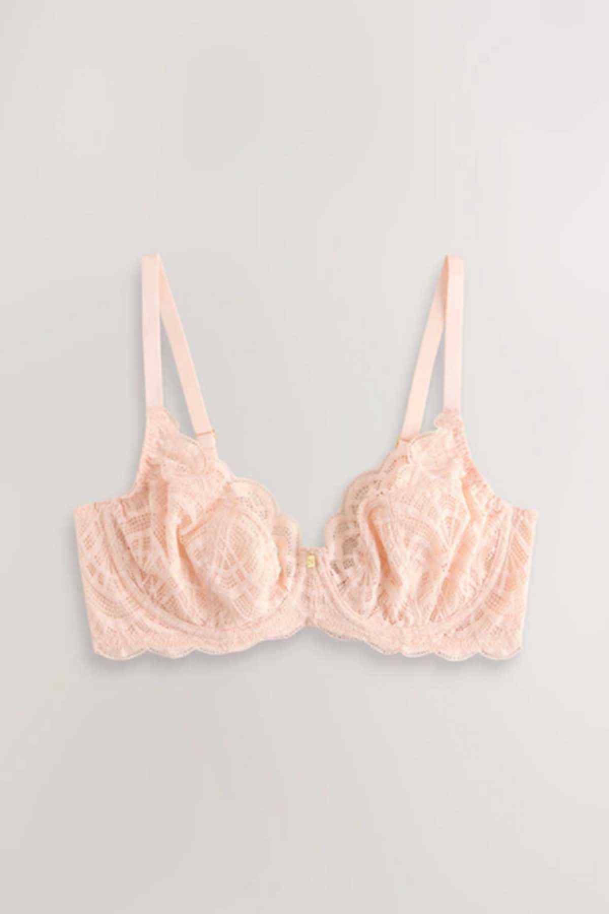 Coral pink lace underwire bra, front view.