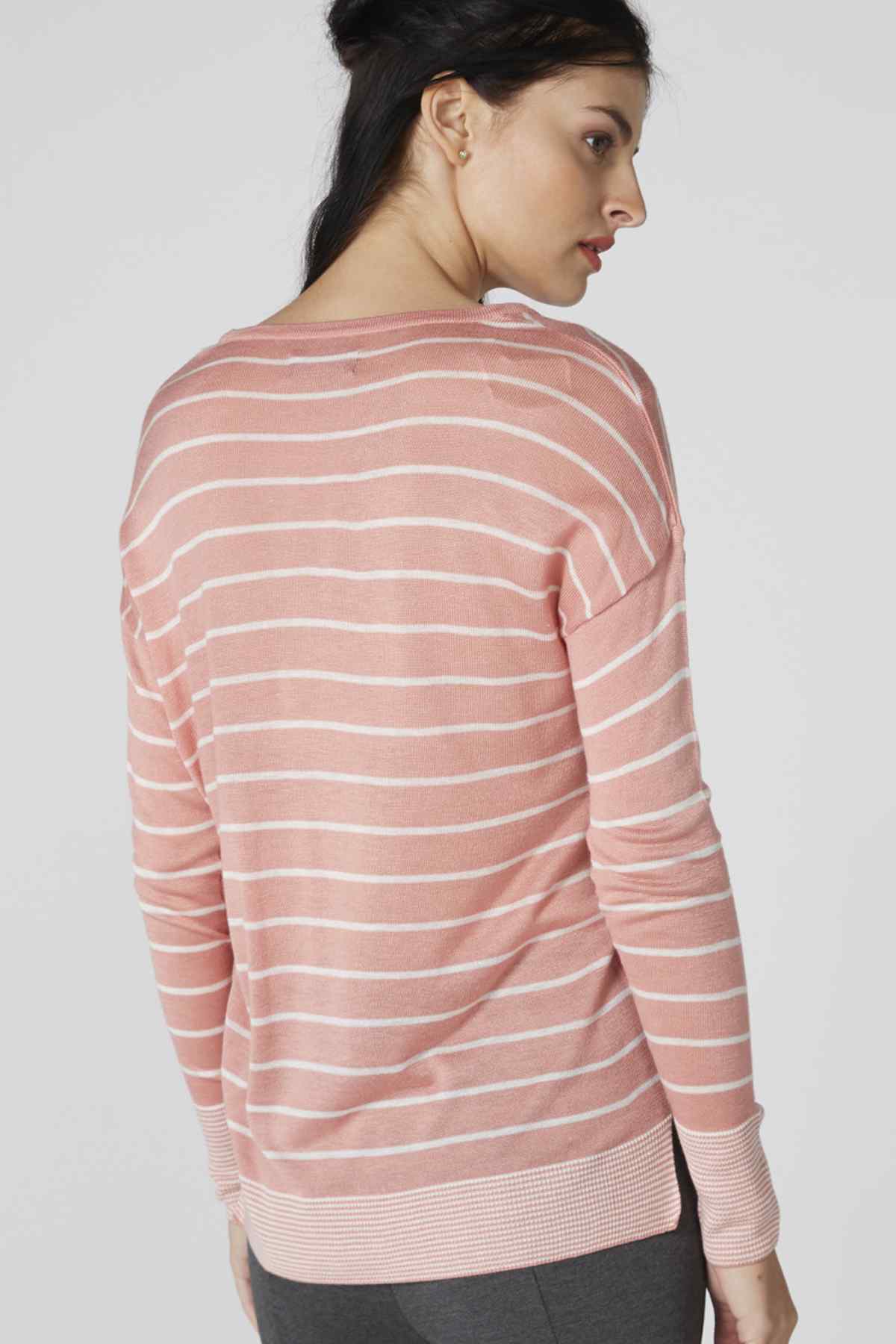 Women's pink striped knit sweater, back view with crew neck and long sleeves