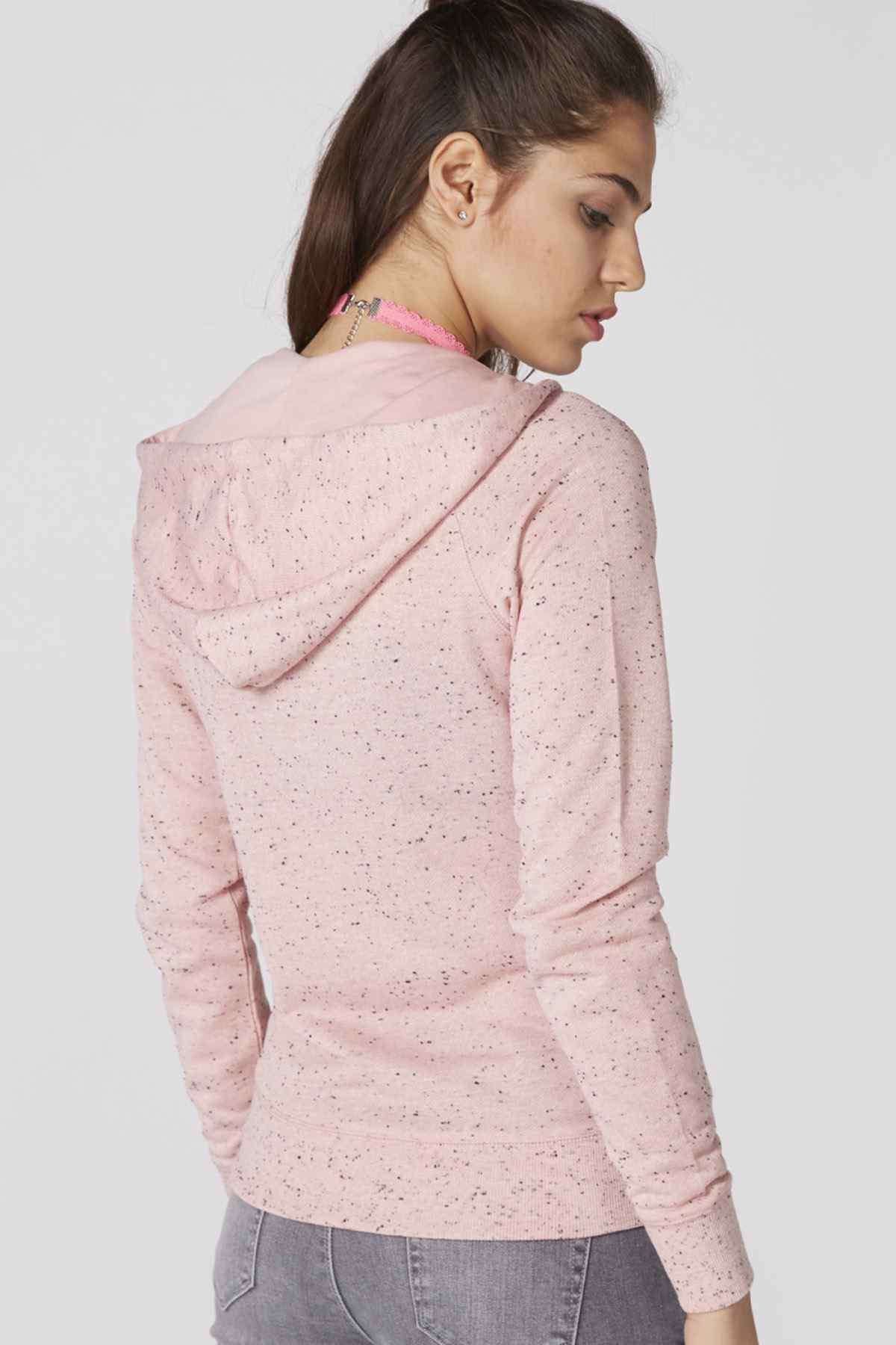 Pink speckled zip-up hoodie with hood and long sleeves, back view