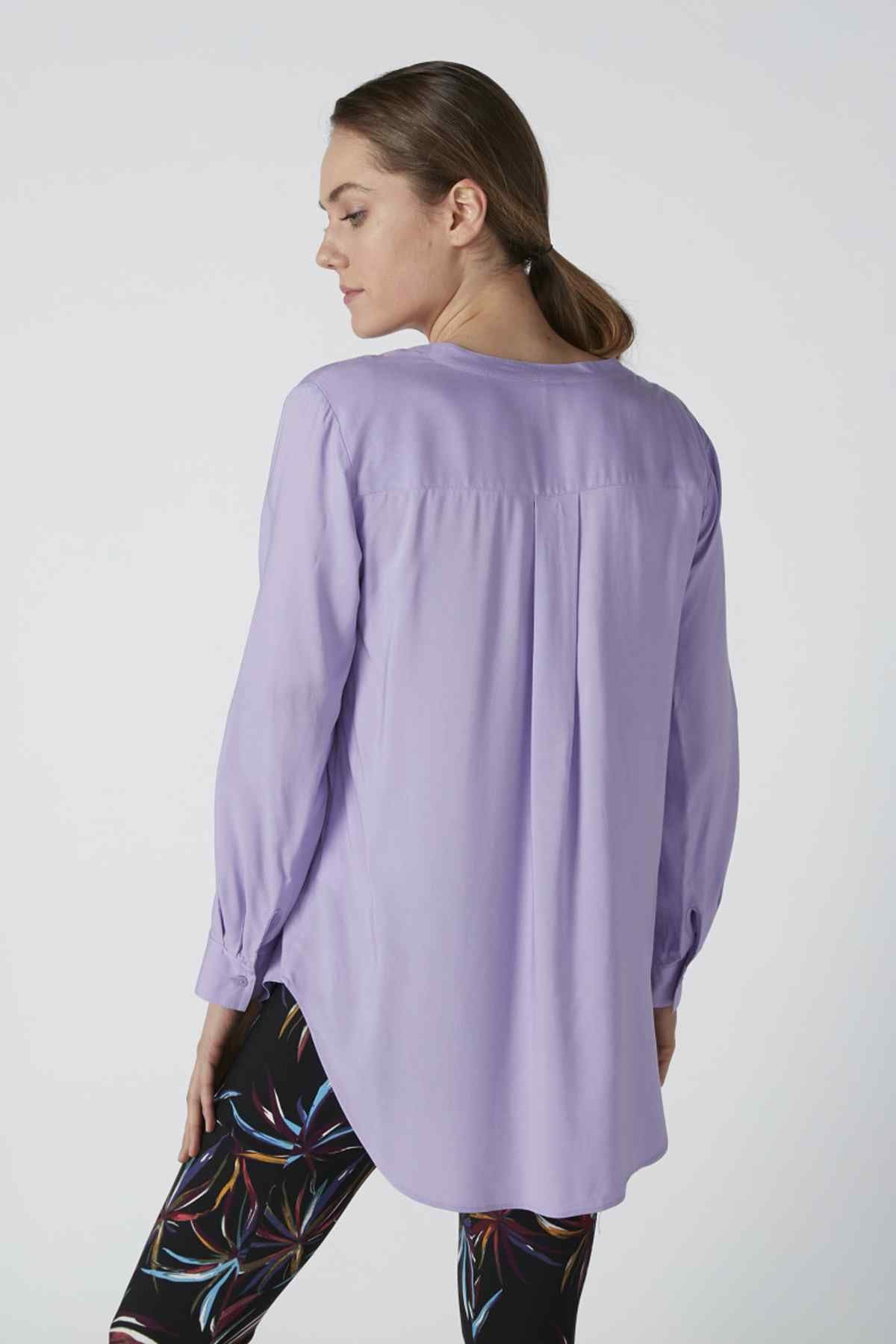 Lavender long-sleeve blouse with back yoke pleat