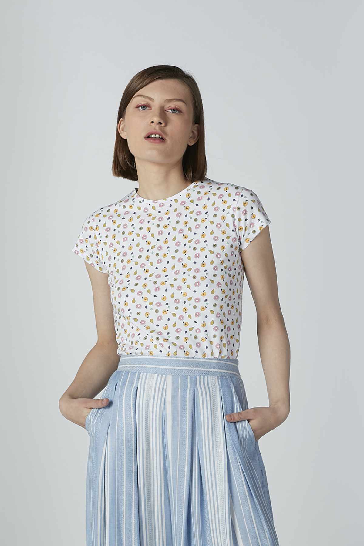 Girls' dress with white floral-print top and light blue striped skirt