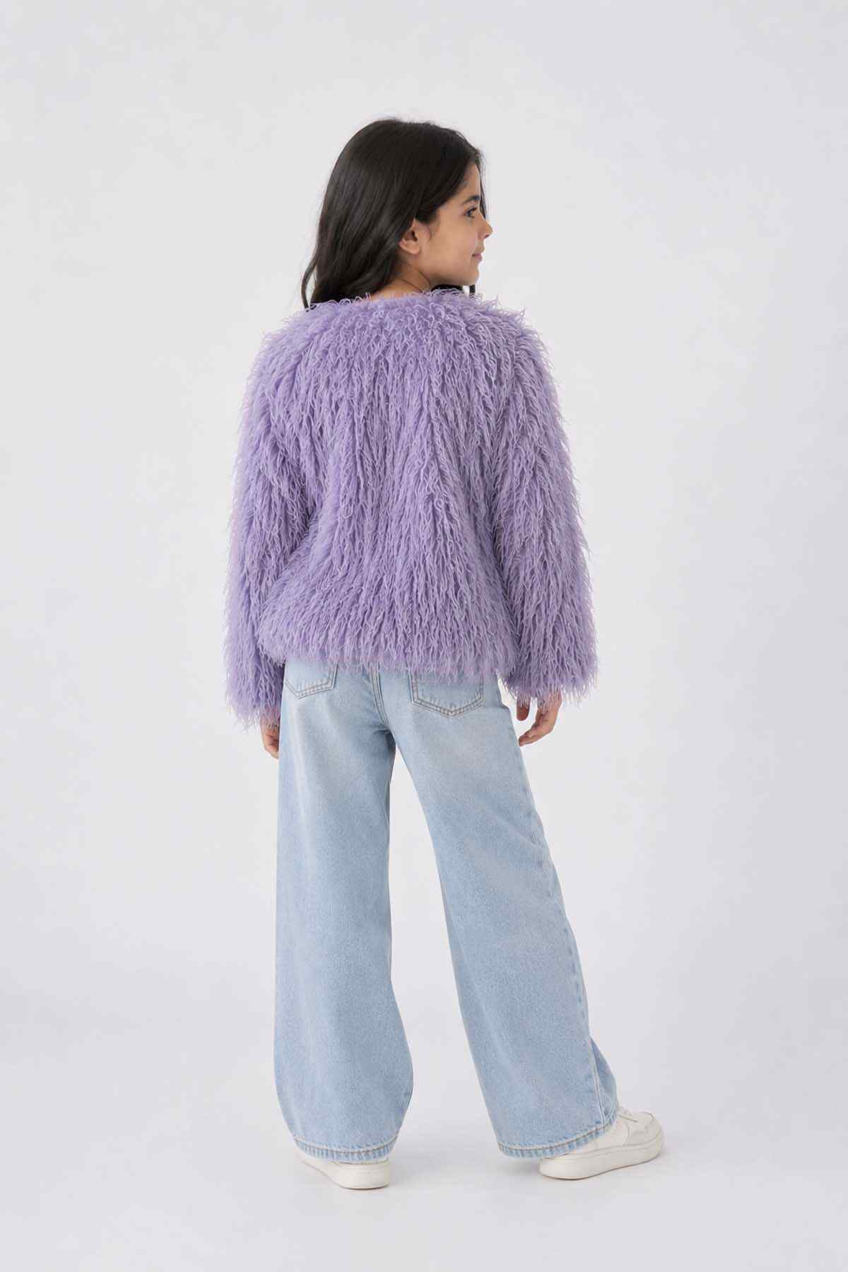 Purple fuzzy jacket for baby with long sleeves and back view