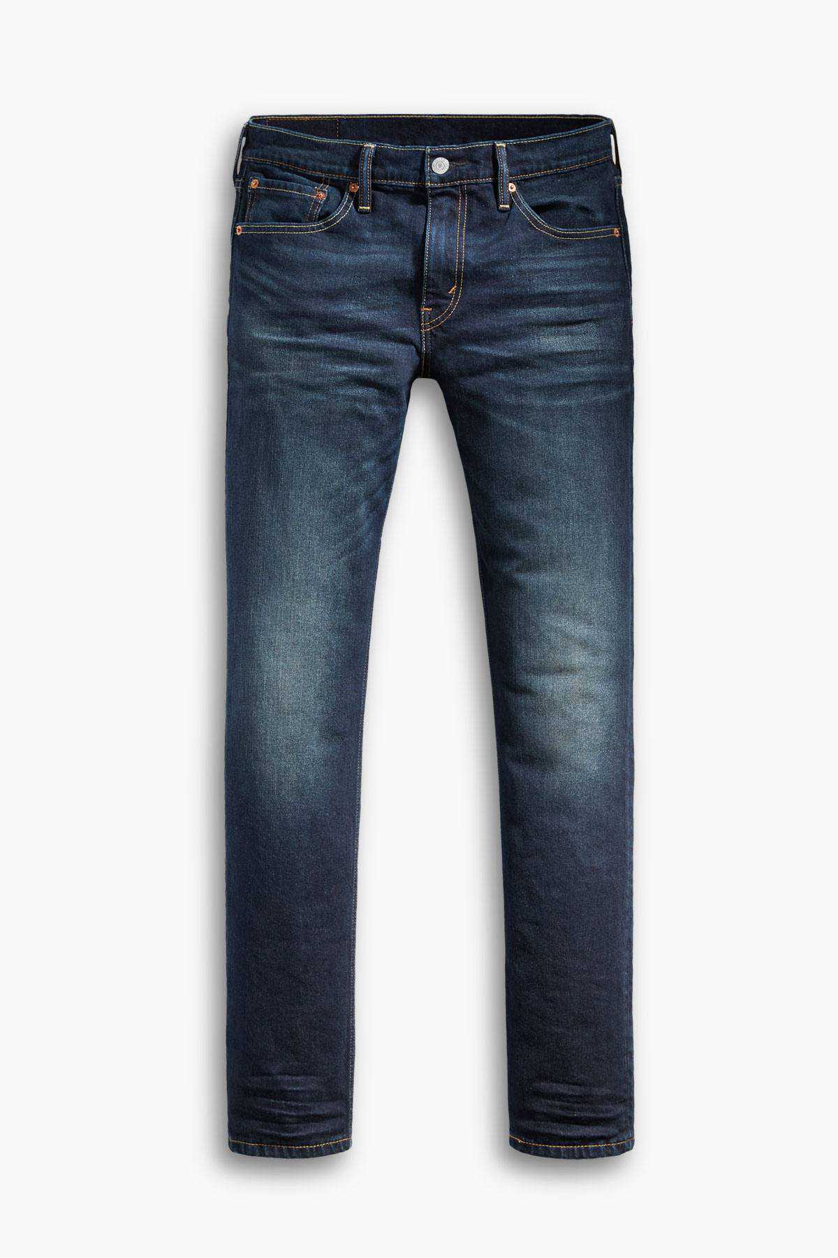 Blue wash denim jeans with belt loops, five-pocket front