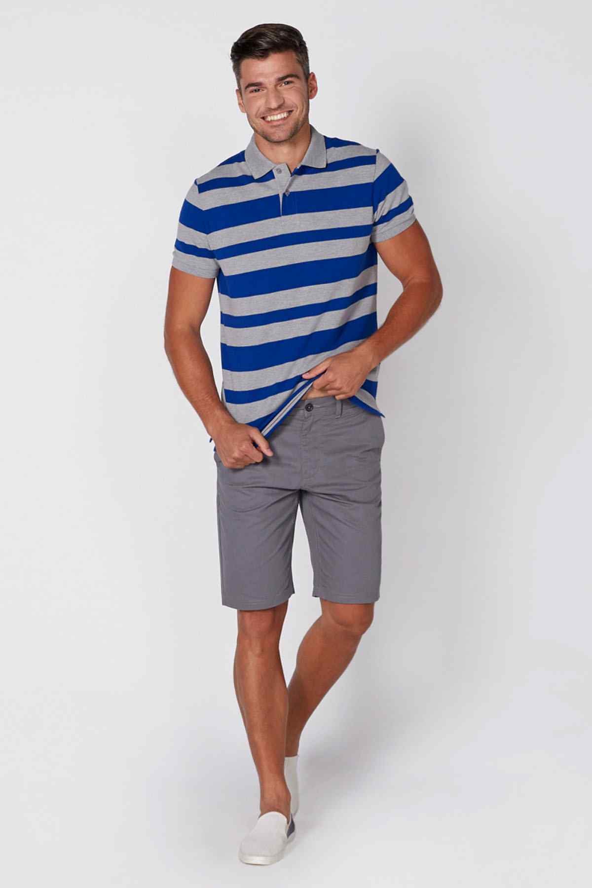 Men's blue and gray striped polo shirt with fold-over collar and short sleeves