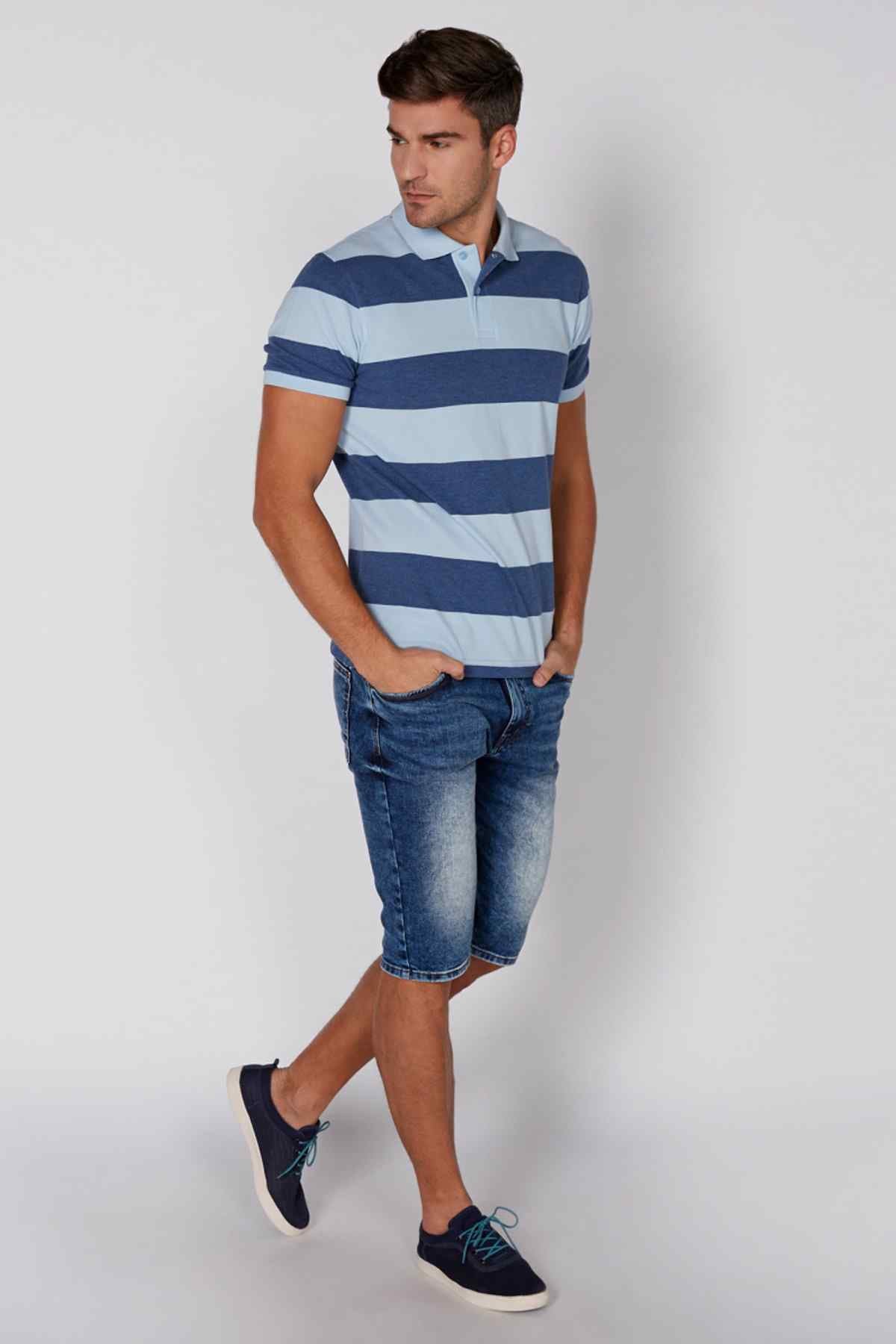 Blue and white striped polo shirt with button placket and short sleeves