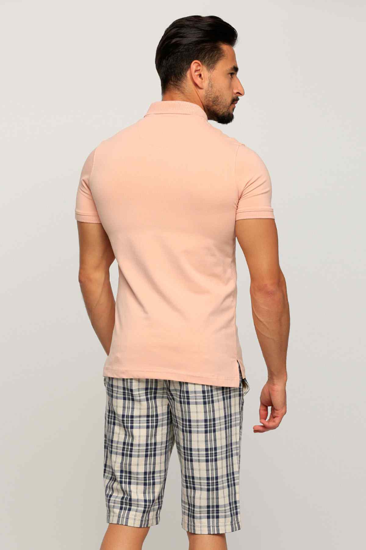 Men's pink polo shirt with plaid shorts, back view, collar and straight hem