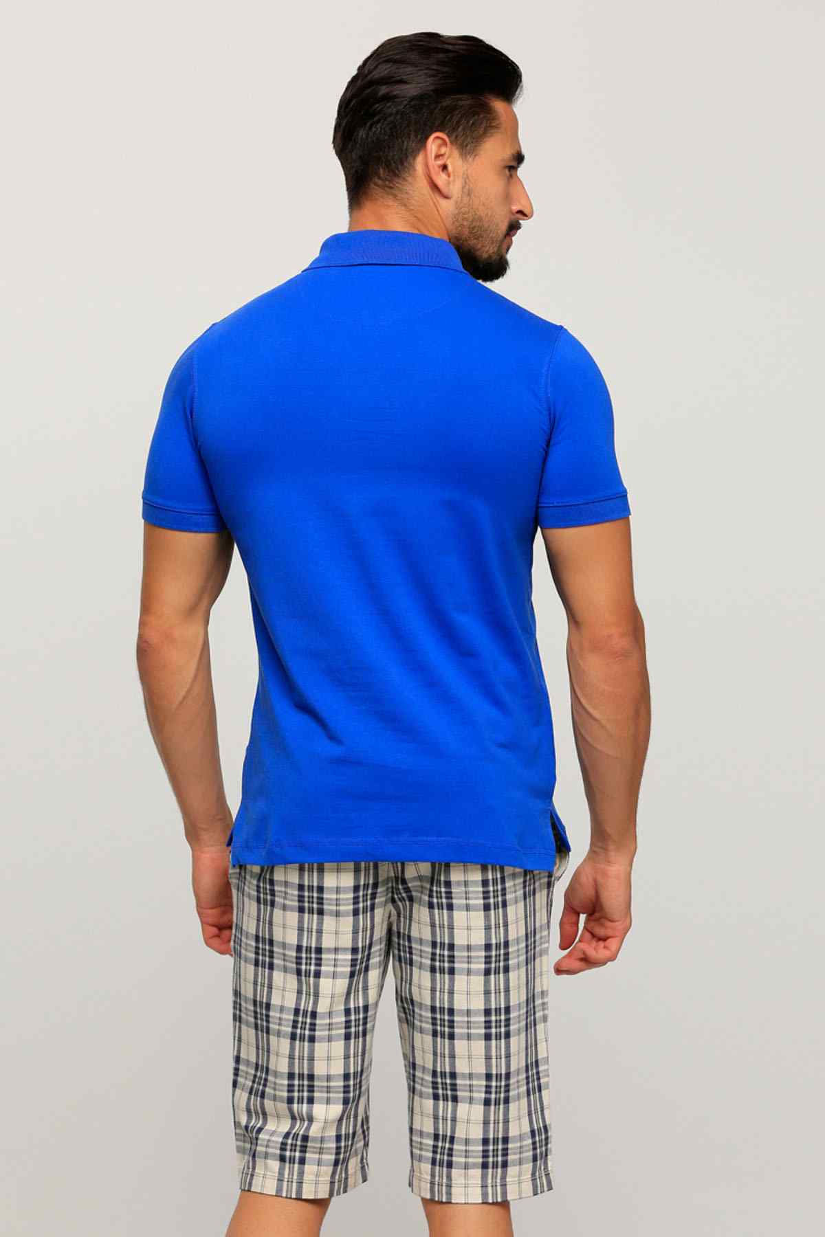 Blue polo shirt with collar and short sleeves, back view