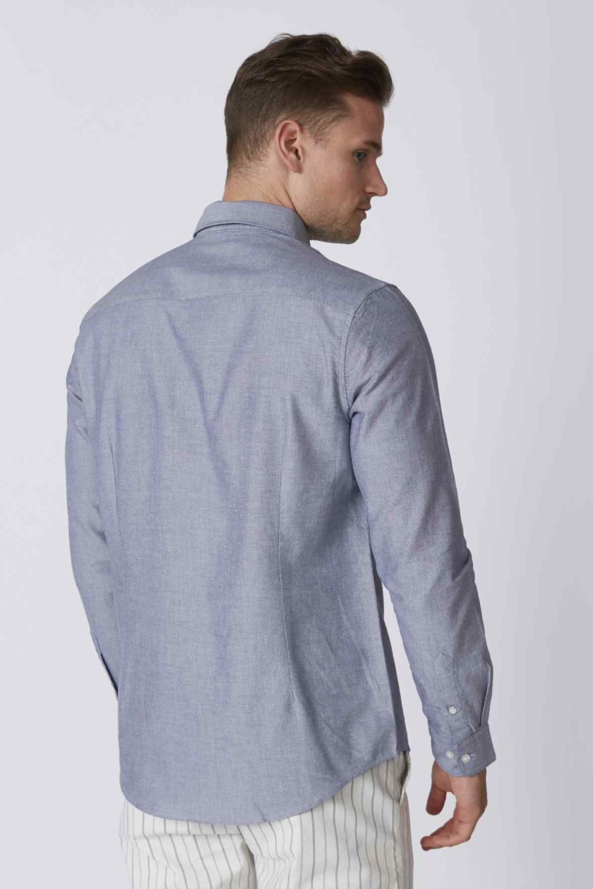 Men's navy-blue button-up shirt back view, long sleeves and curved hem