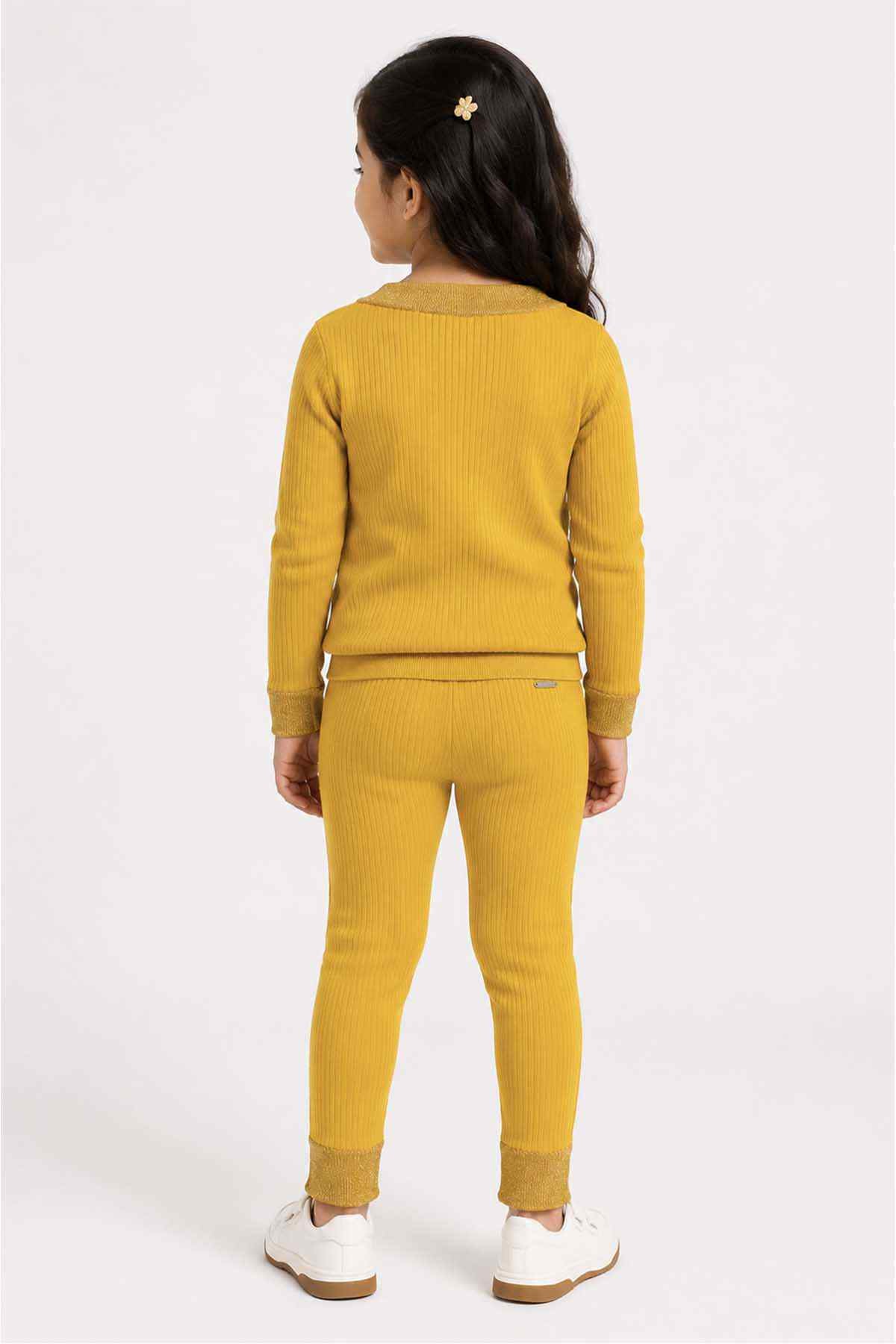 Kids' yellow ribbed knit sweater and jogger pants set, back view