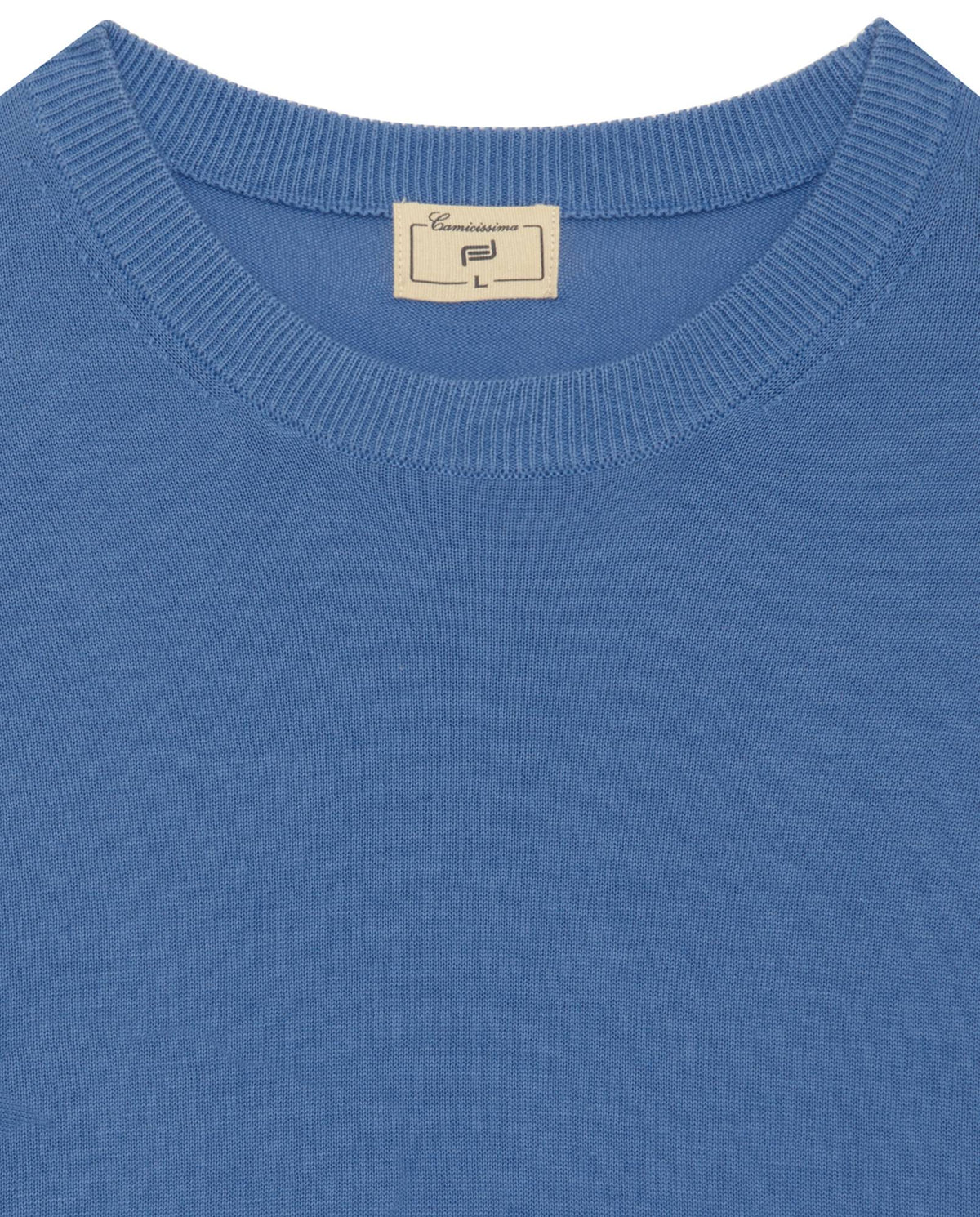 Camicissima crewneck sweater neckline detail, ribbed knit collar, azure blue