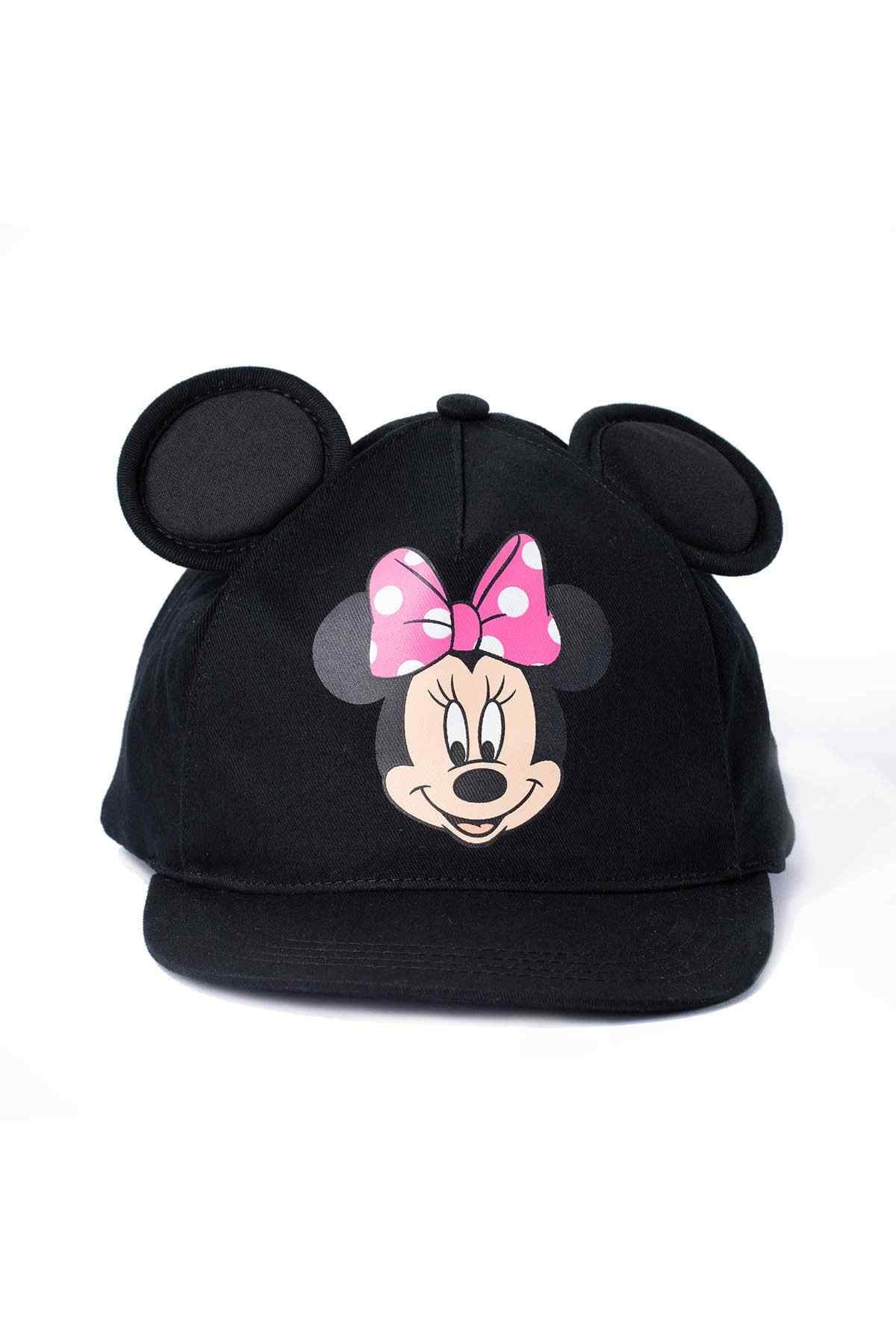 Black baseball cap with centered Minnie Mouse face, pink bow, and round ear patches