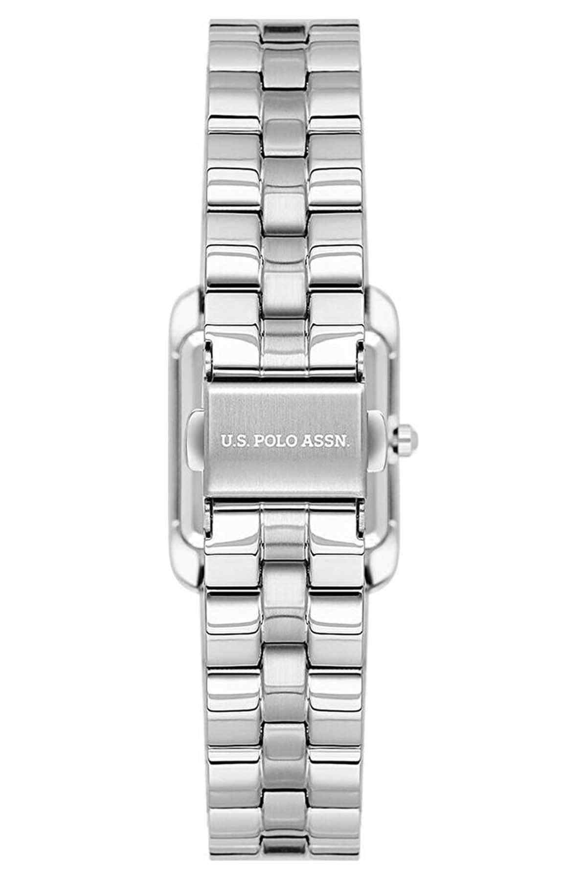 U.S. Polo Assn silver metal rectangular wristwatch with engraved logo on back case