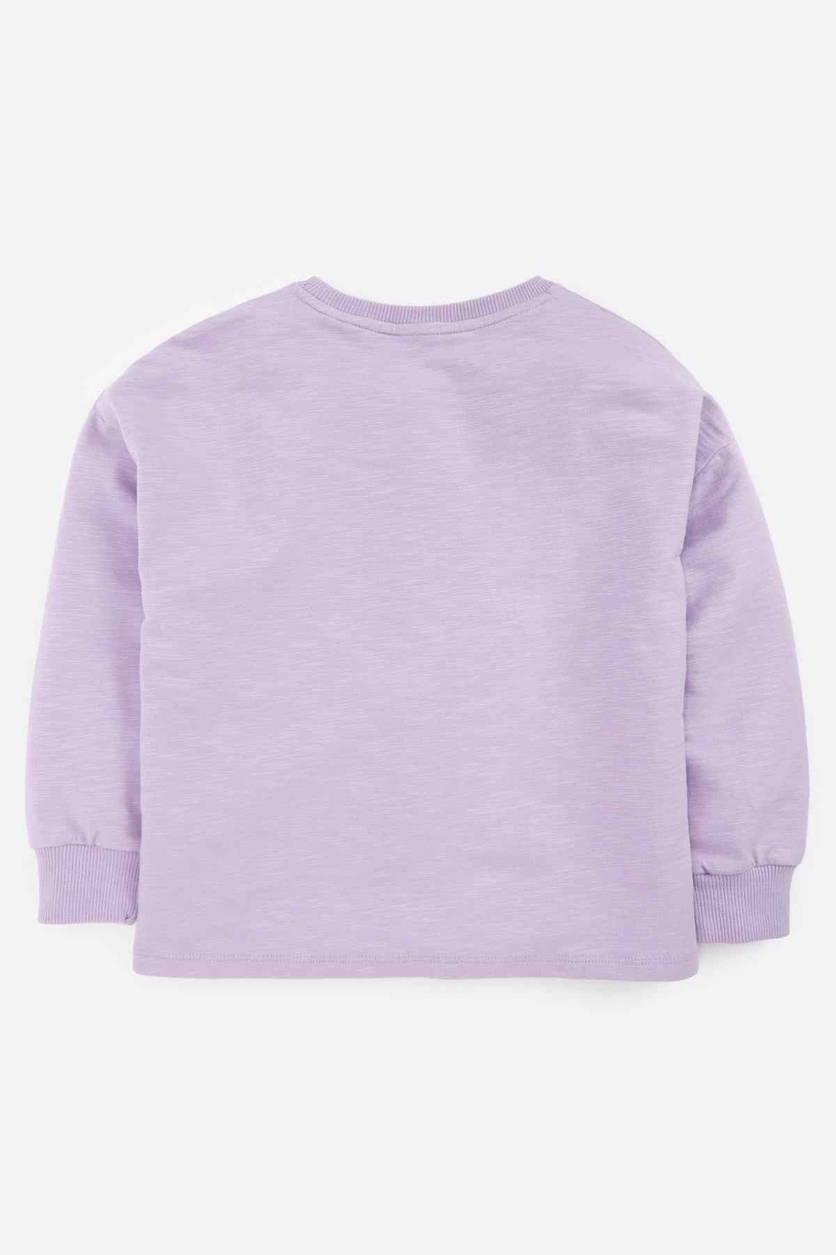 Girls' lilac sweatshirt back hem and relaxed fit, crew neck