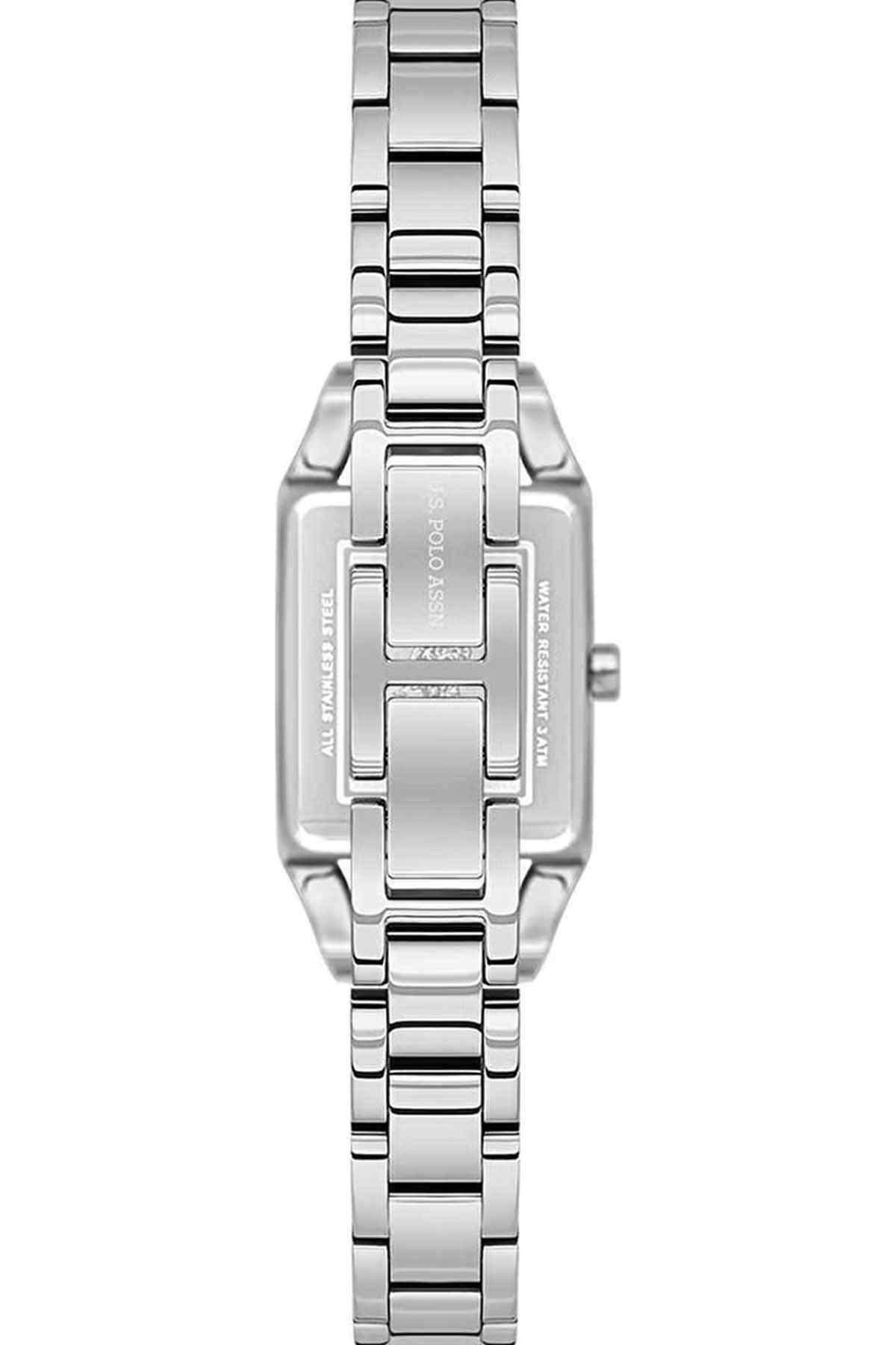 U.S. Polo Assn silver watch face with crown and rectangular dial