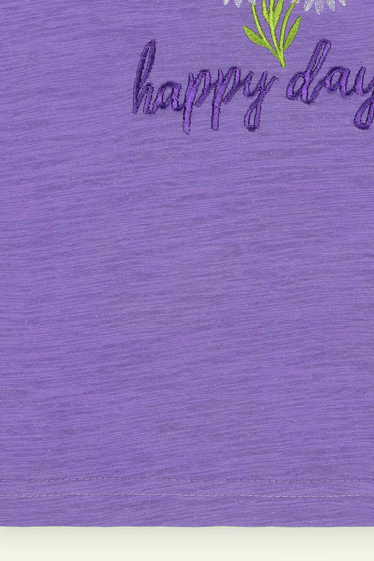 Purple baby bodysuit front with 'happy days' cursive print